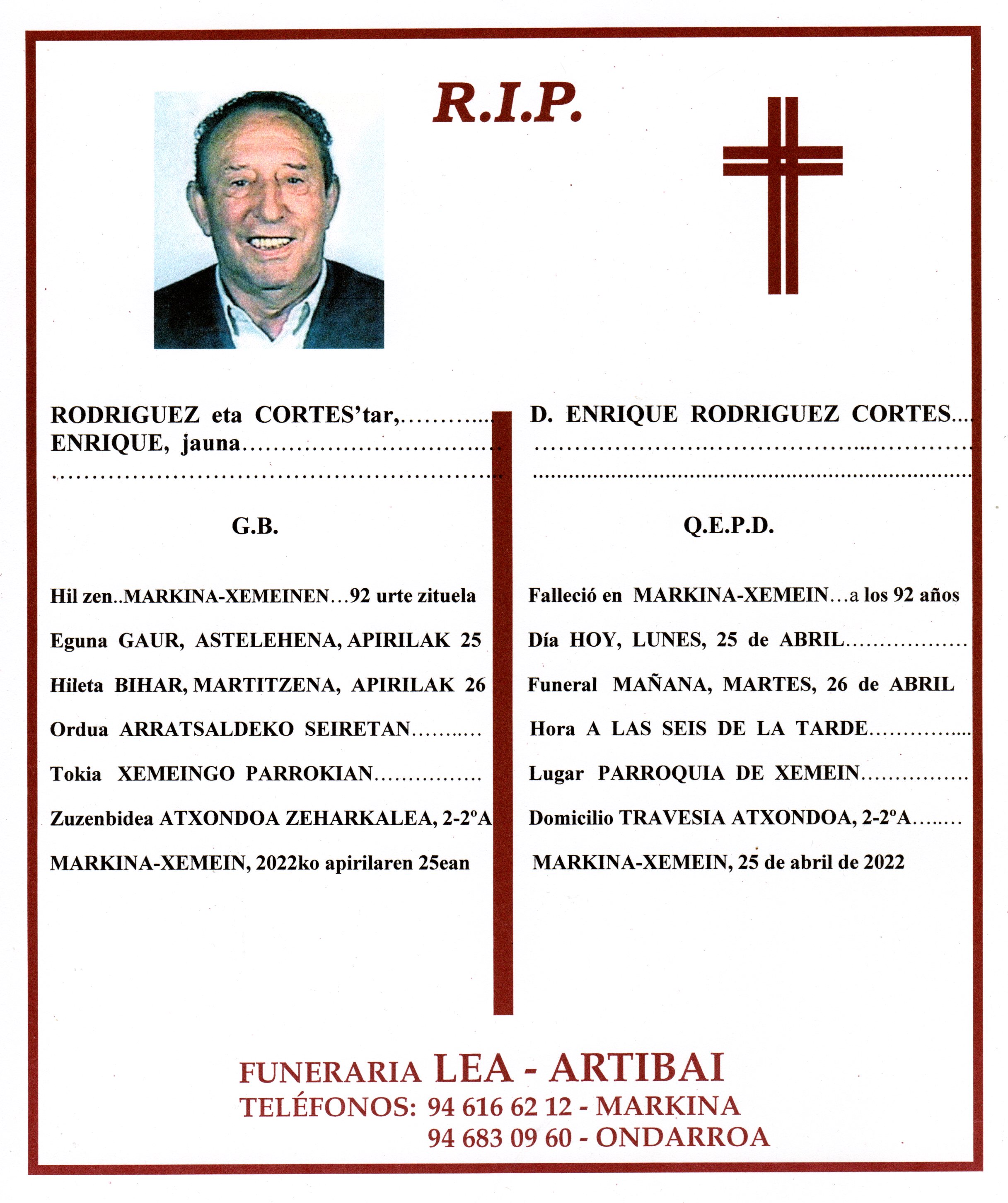 Esquela de Enrique Rodriguez Cortes