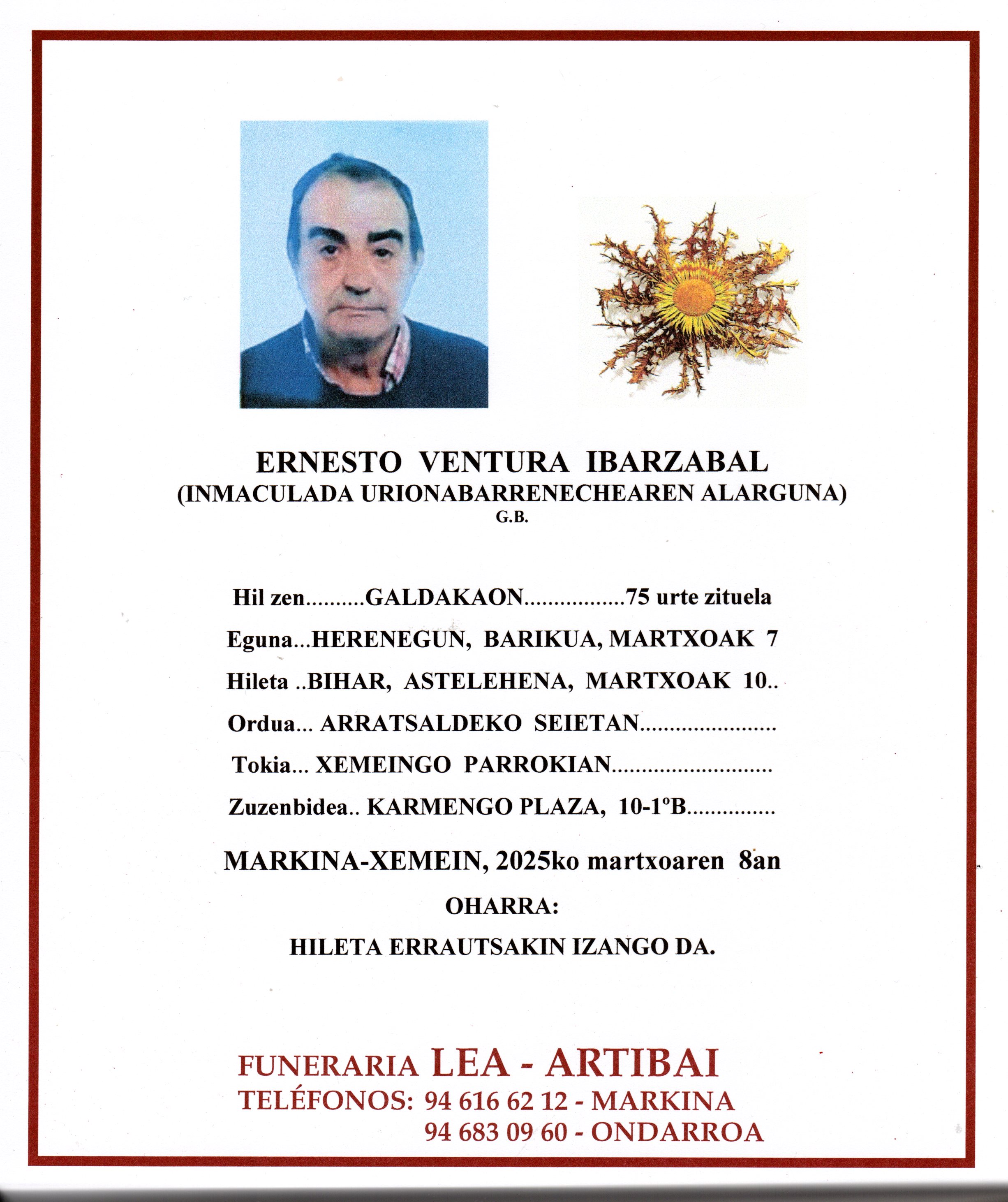 Esquela de Ernesto Ventura Ibarzabal