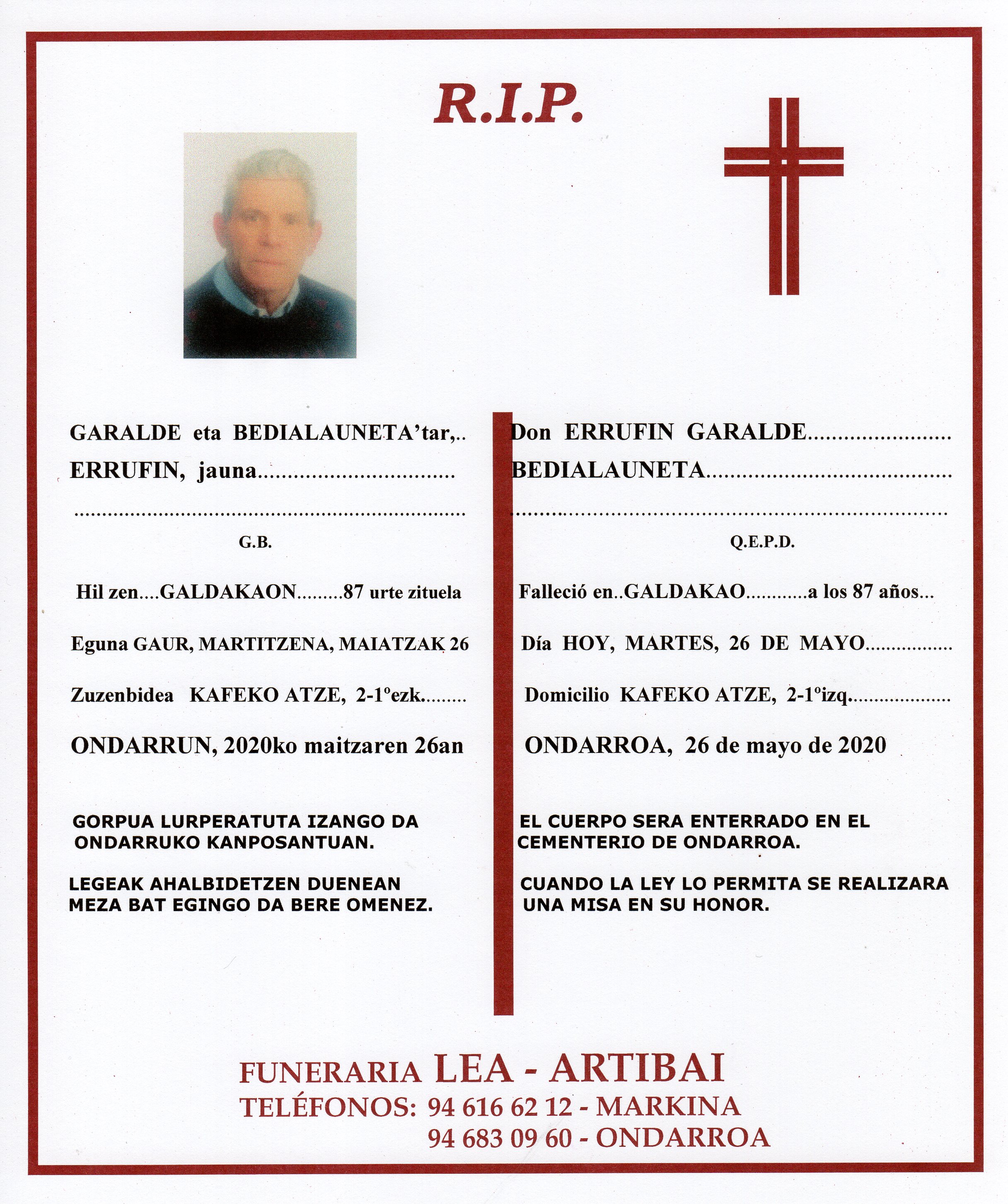 Esquela de Errufin Garalde Bedialauneta