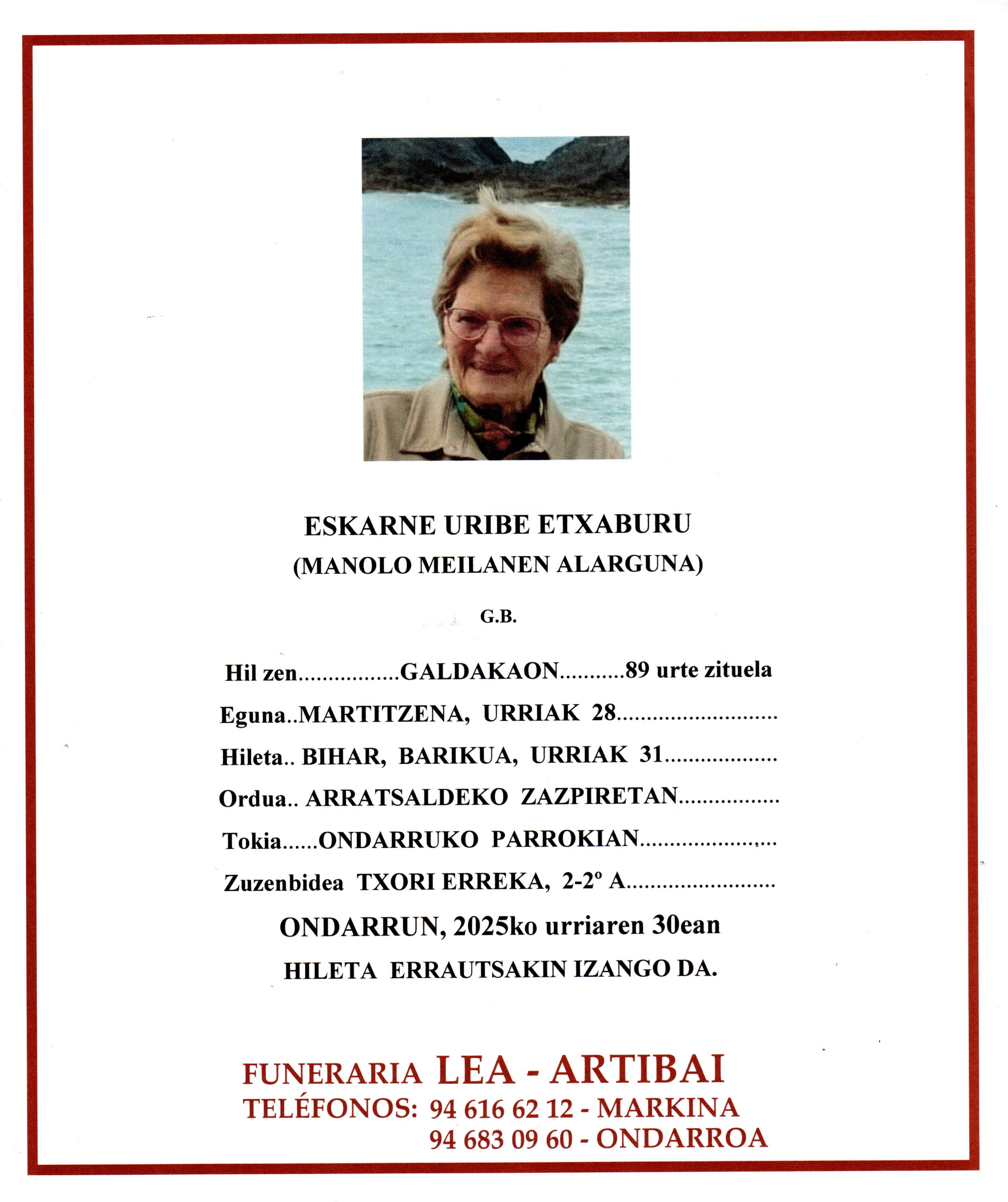 Esquela de Eskarne Uribe Etxaburu