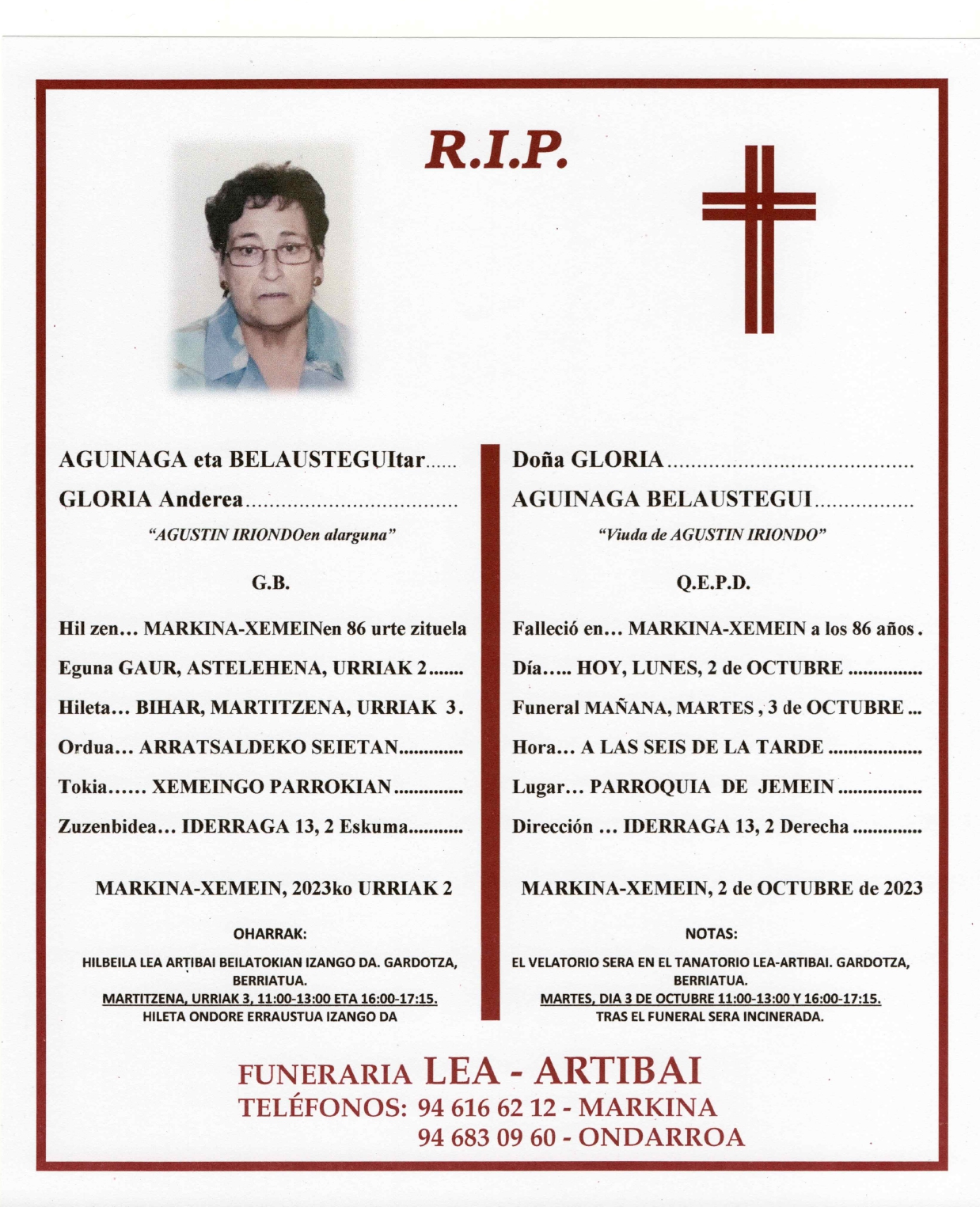 Esquela de Gloria Aginaga Belaustegi