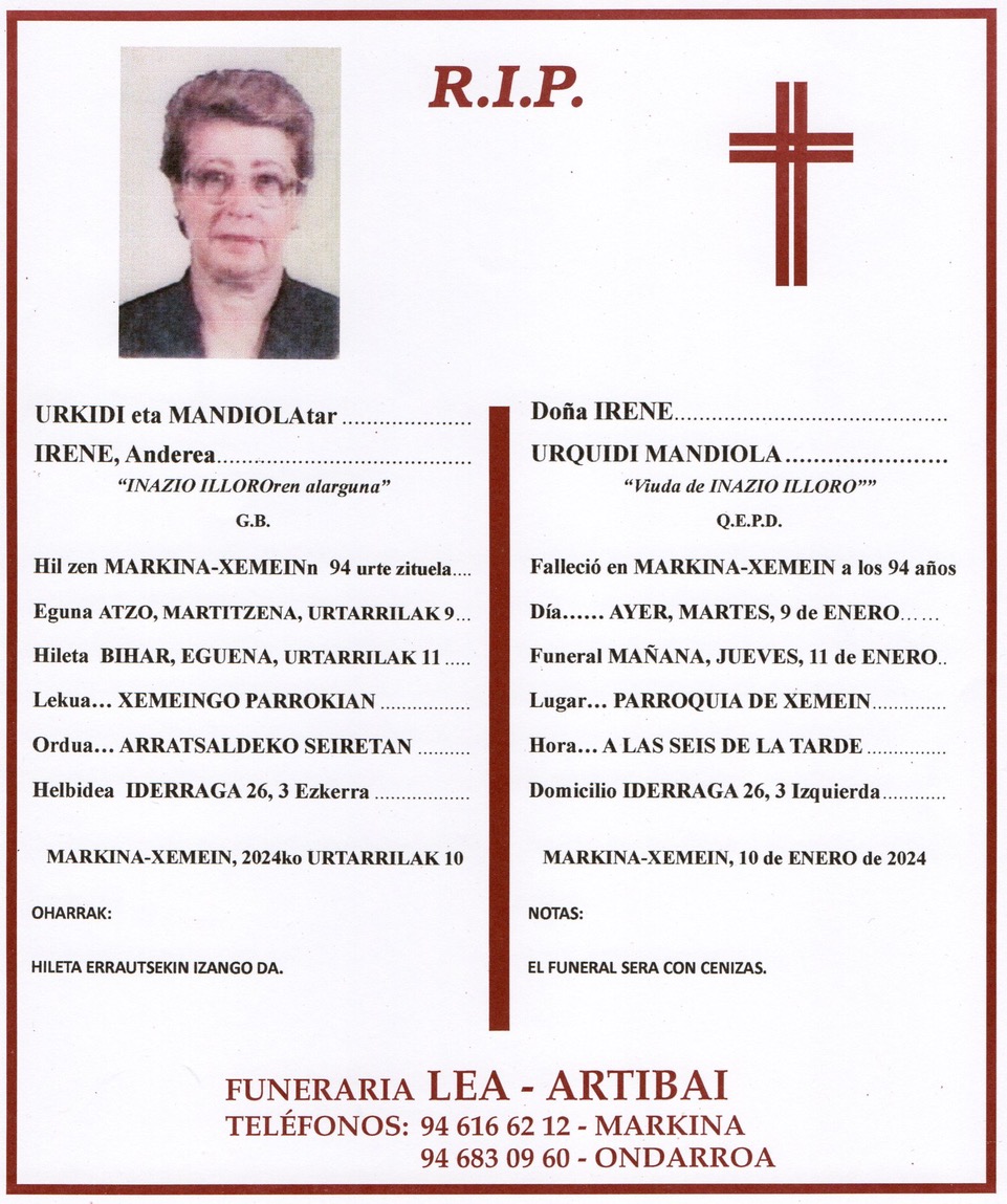 Esquela de Irene Urkidi Mandiola