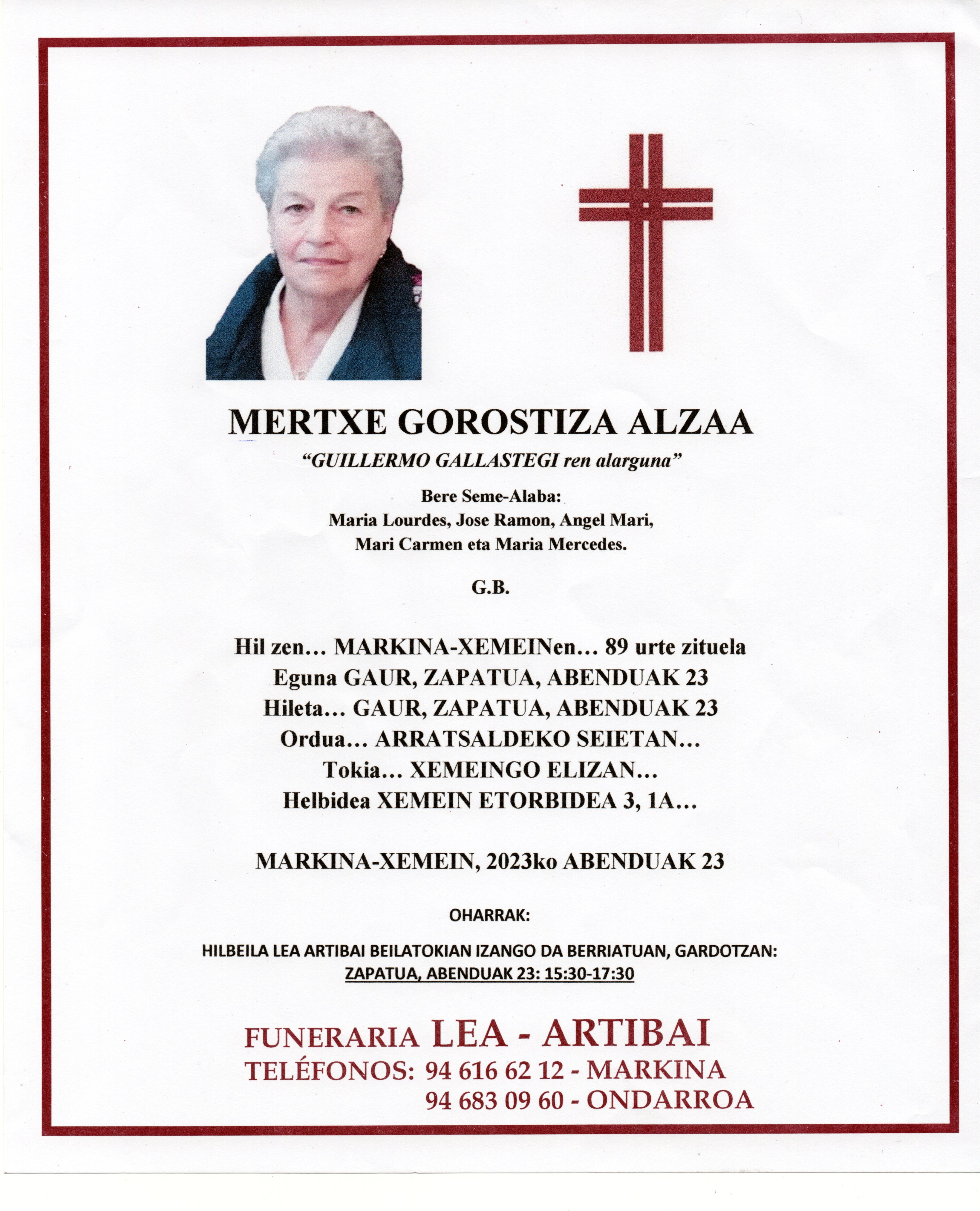 Esquela de Maria Mercedes Gorostiza Alzaa