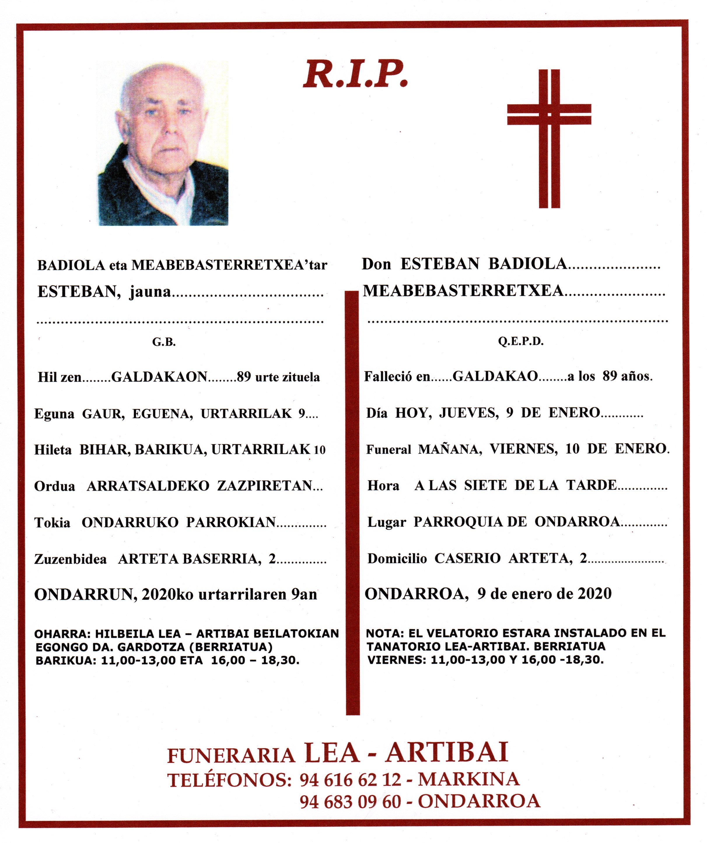Esquela de Esteban Badiola Meabebasterretxea