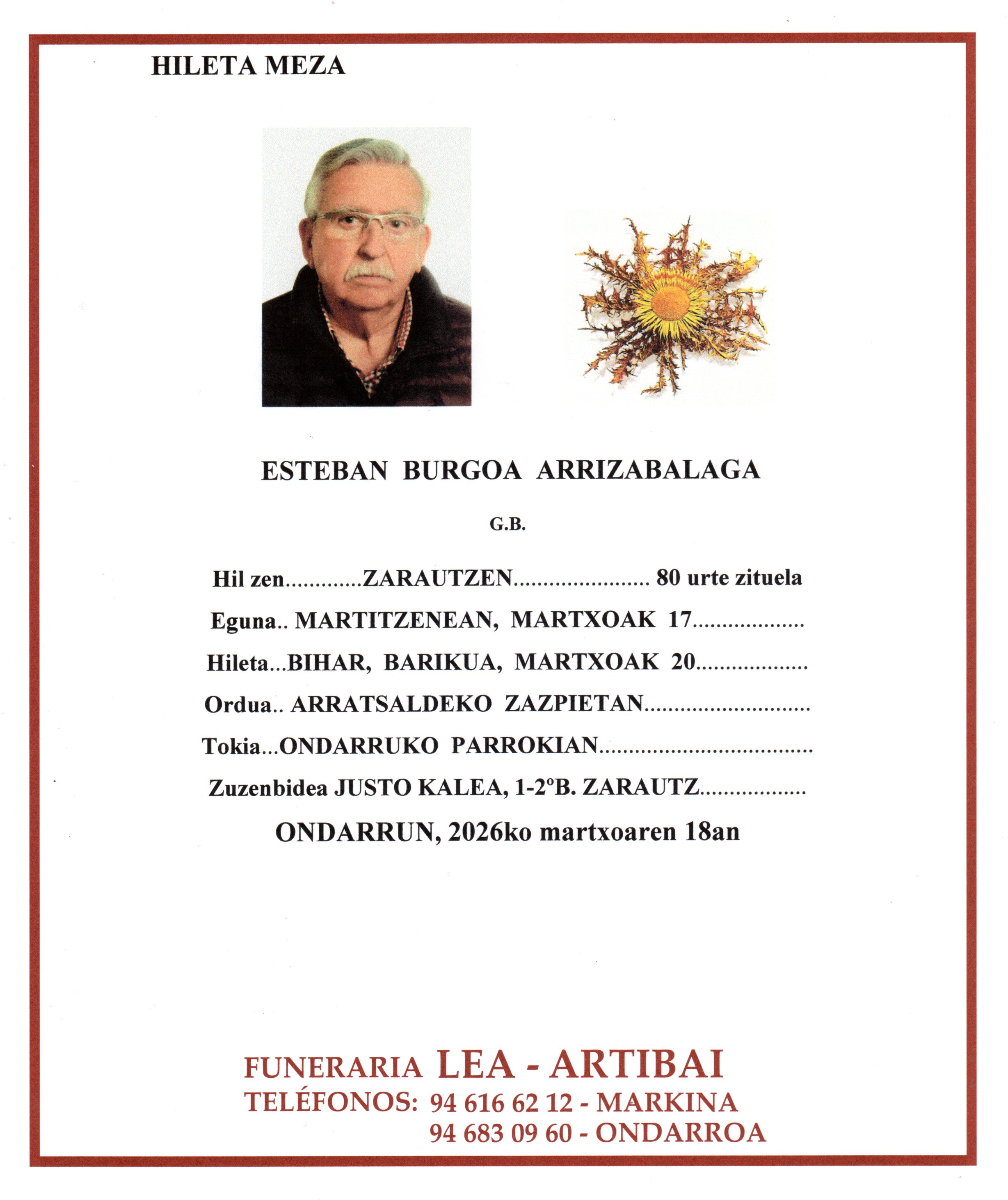 Esquela de Esteban Burgoa Arrizabalaga