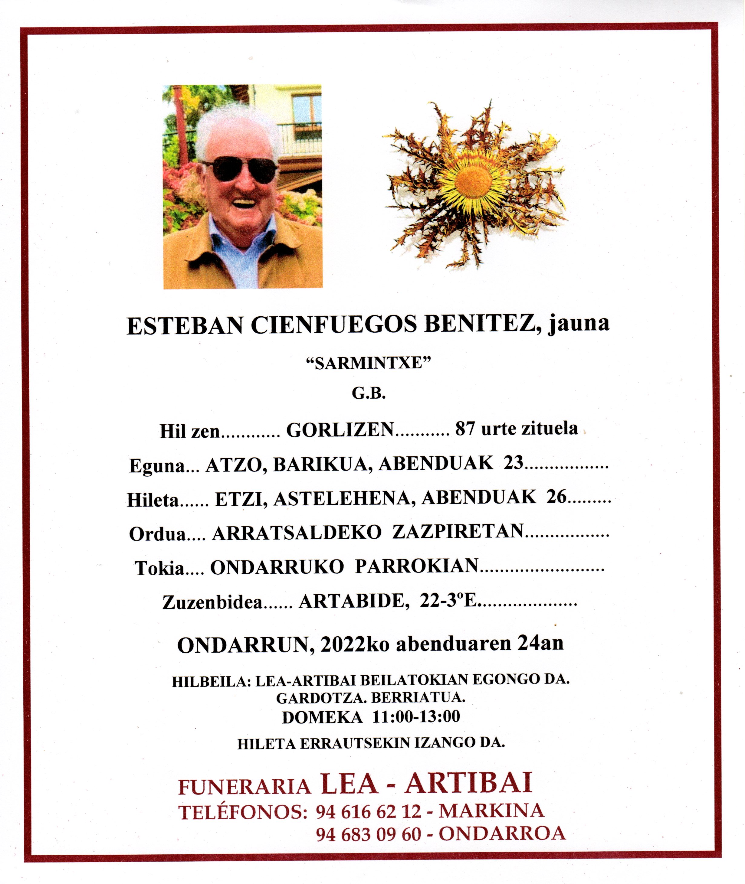 Esquela de Esteban Cienfuegos Benitez