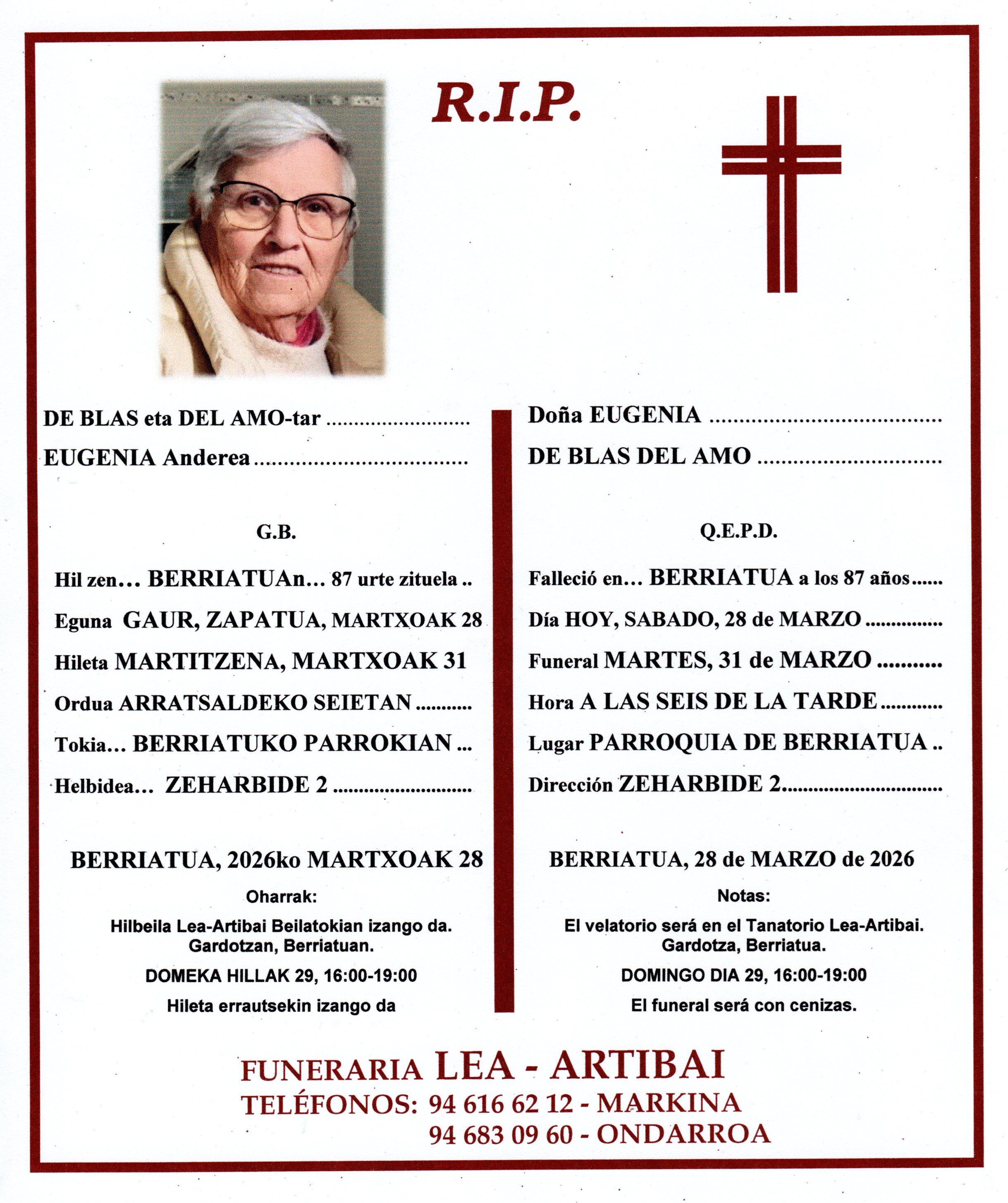 Esquela de Eugenia de Blas del Amo