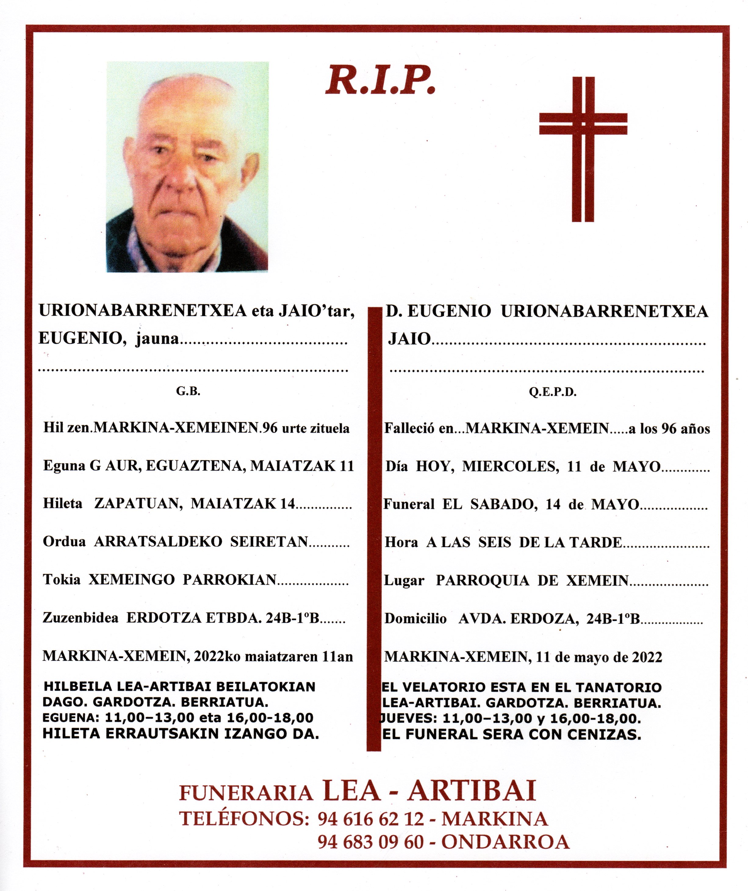 Esquela de Eugenio Urionabarrenetxea Jaio