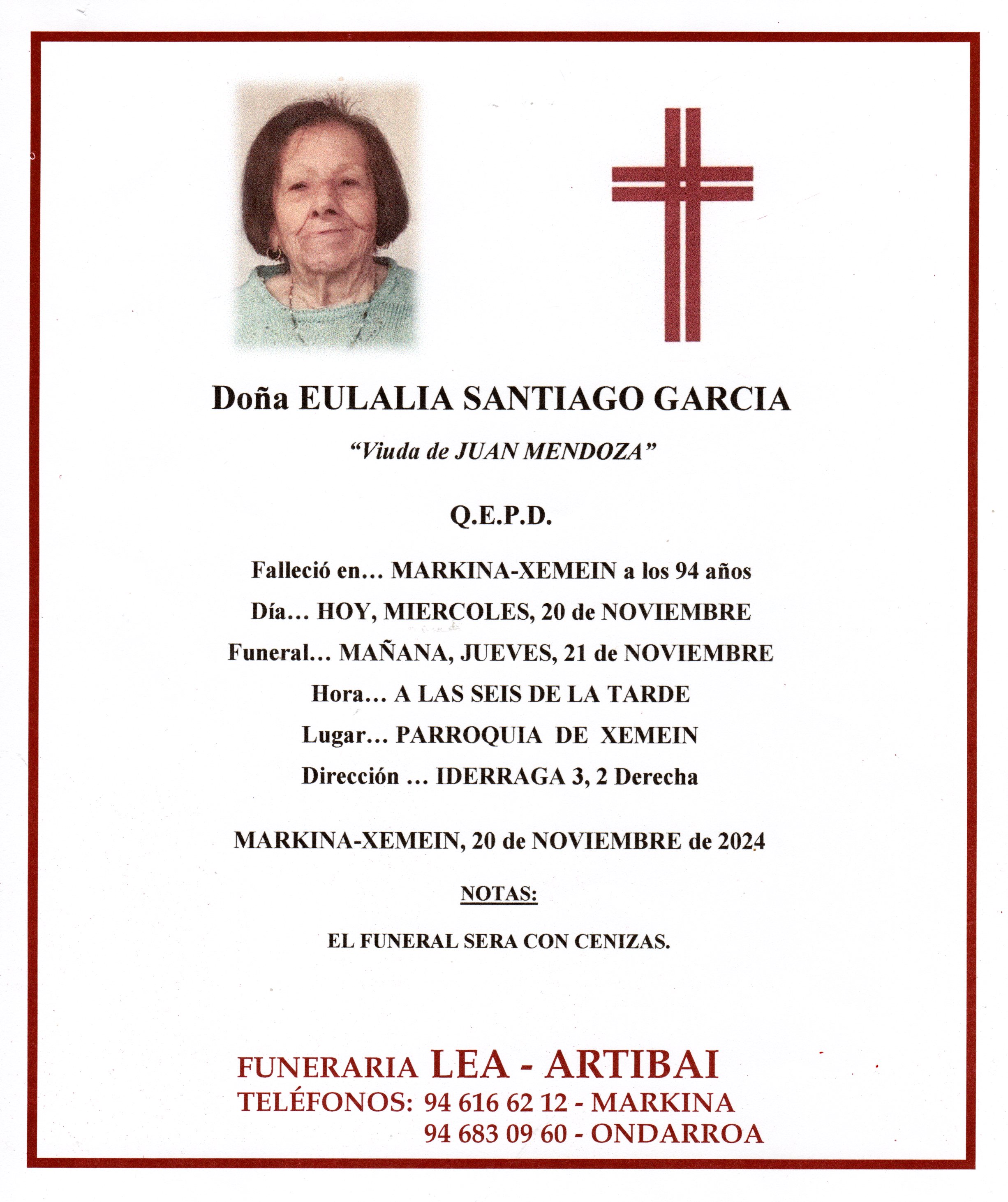Esquela de Eulalia Santiago Garcia