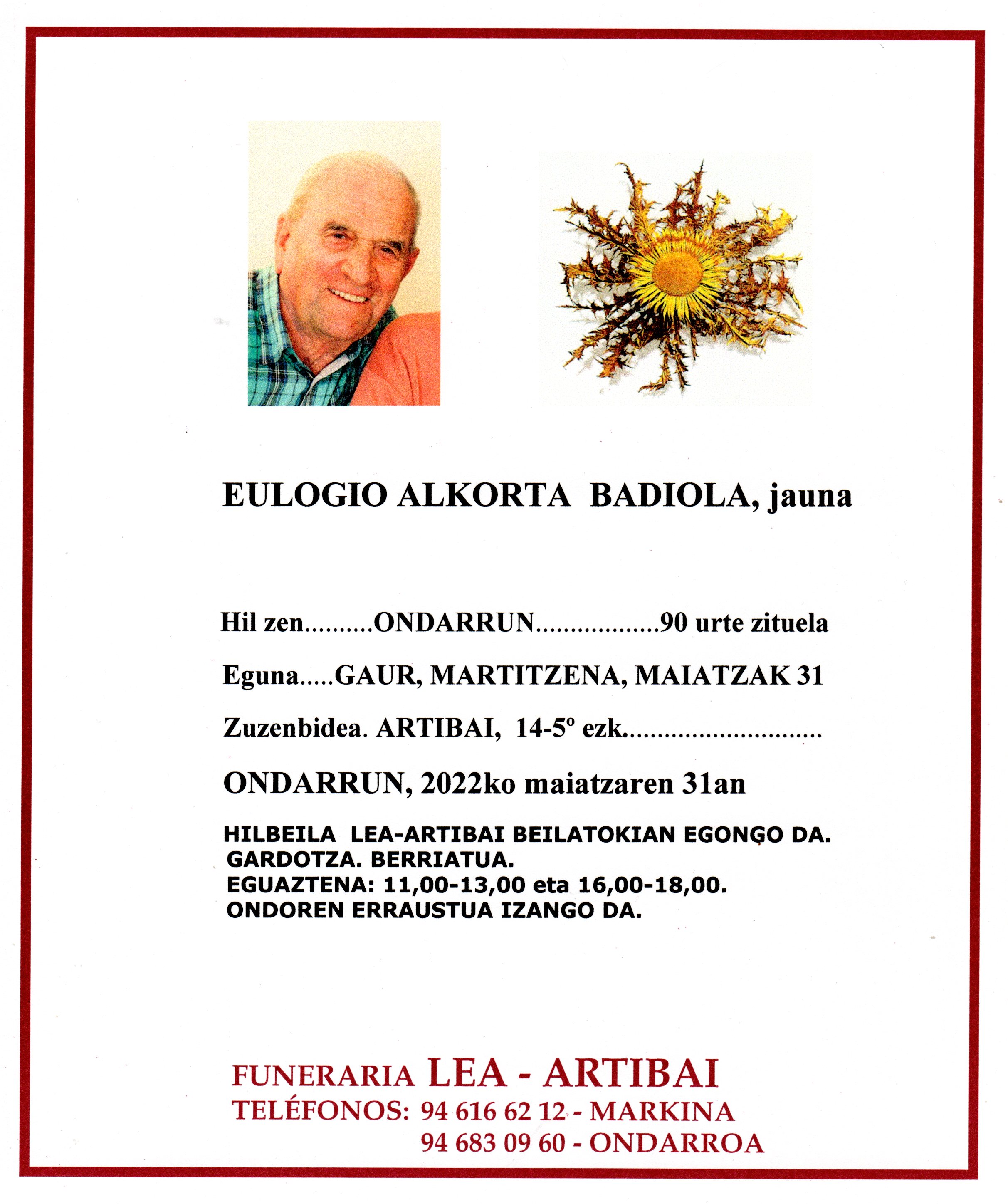 Esquela de Eulogio Alkorta Badiola