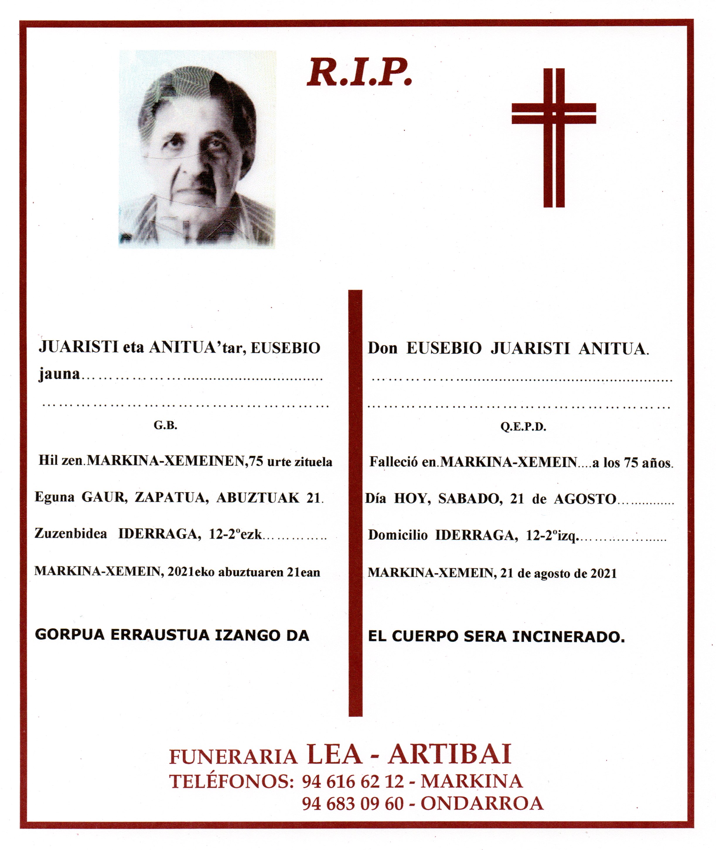 Esquela de Eusebio Juaristi Anitua
