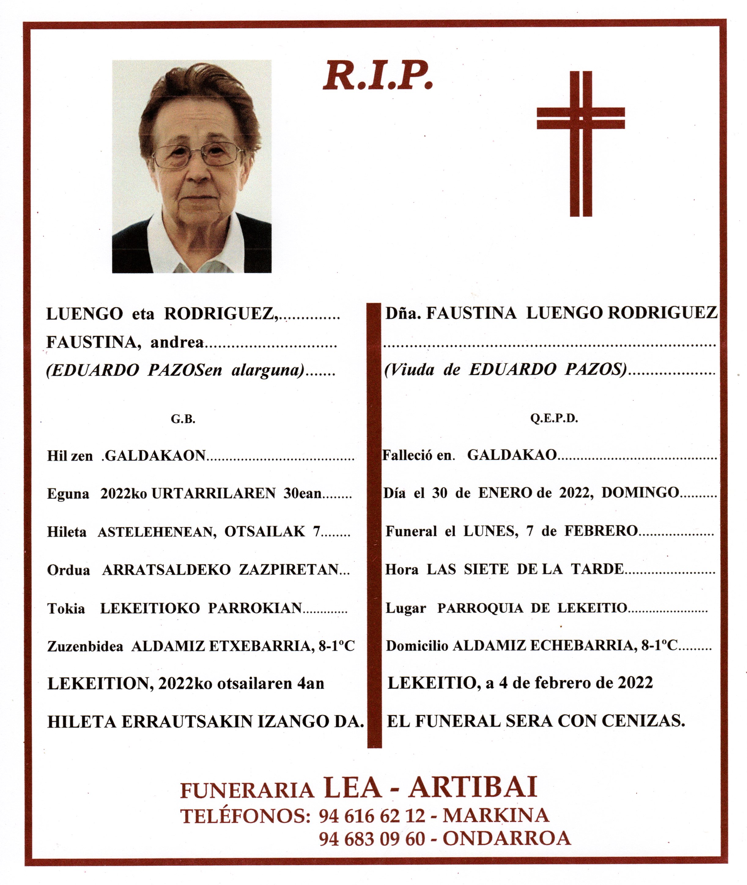 Esquela de Faustina Luengo Rodriguez