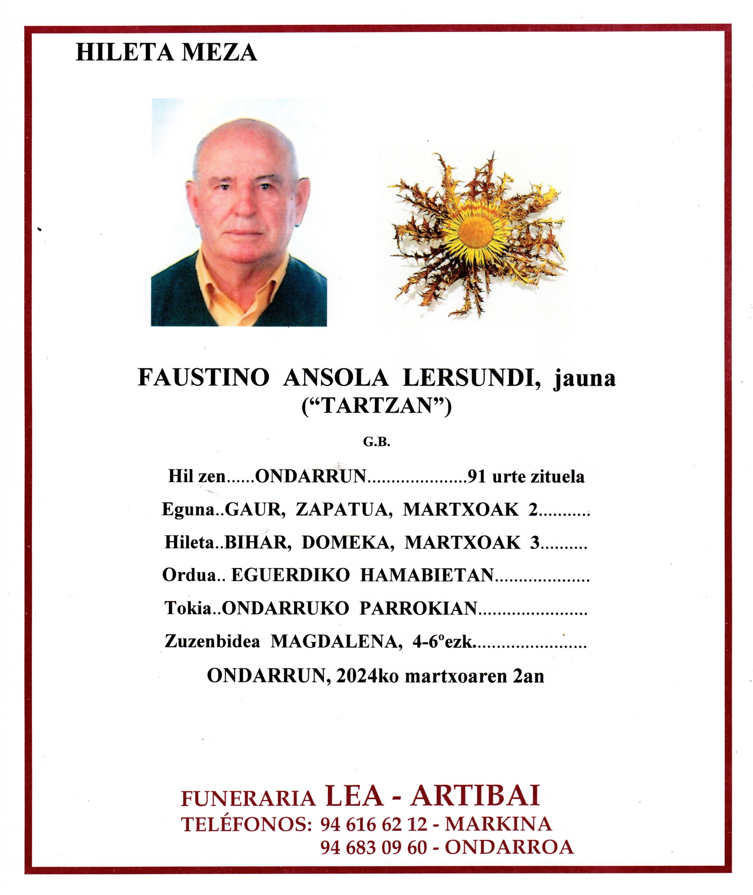 Esquela de Faustino Ansola Lersundi