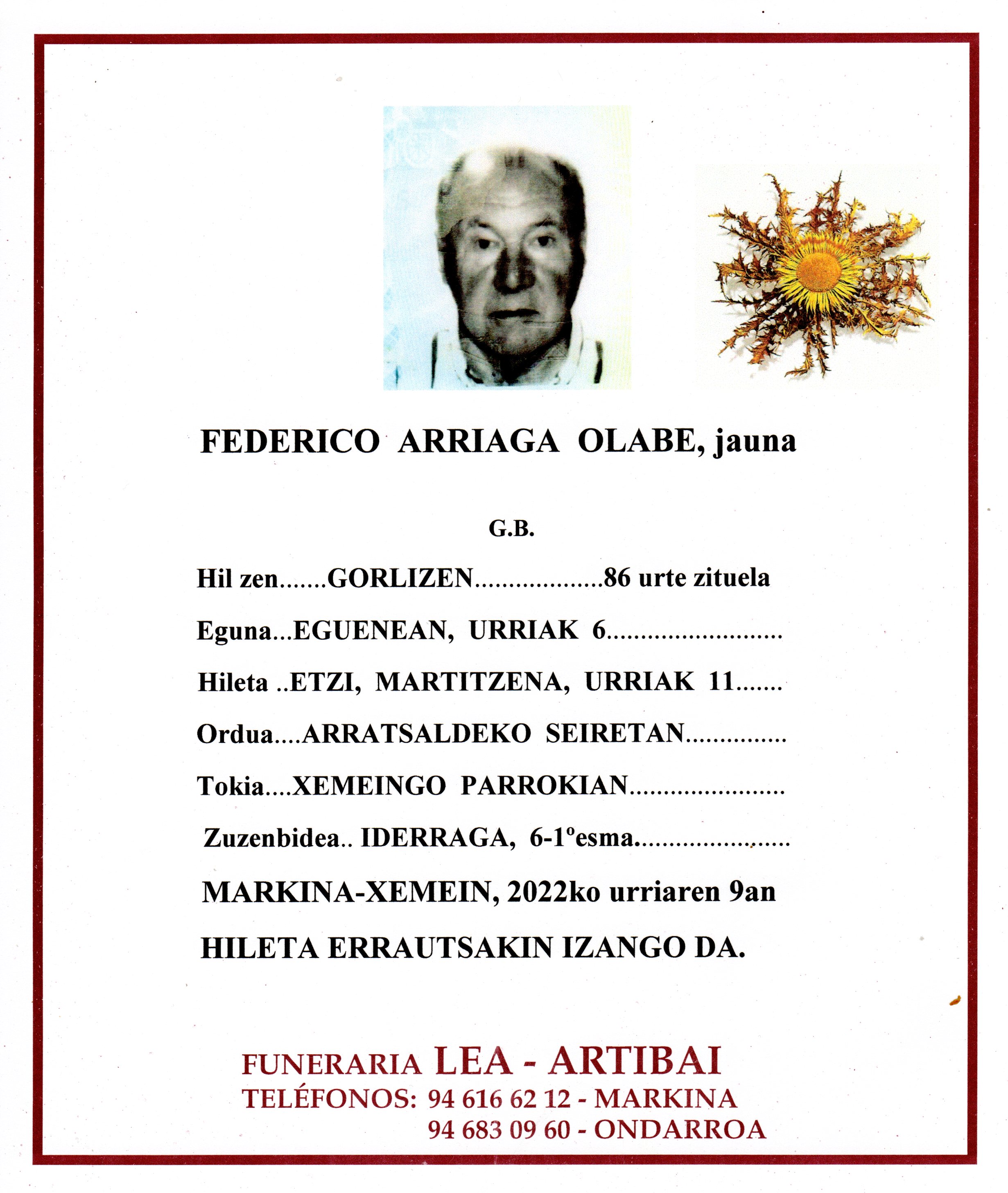 Esquela de Federico Arriaga Olabe