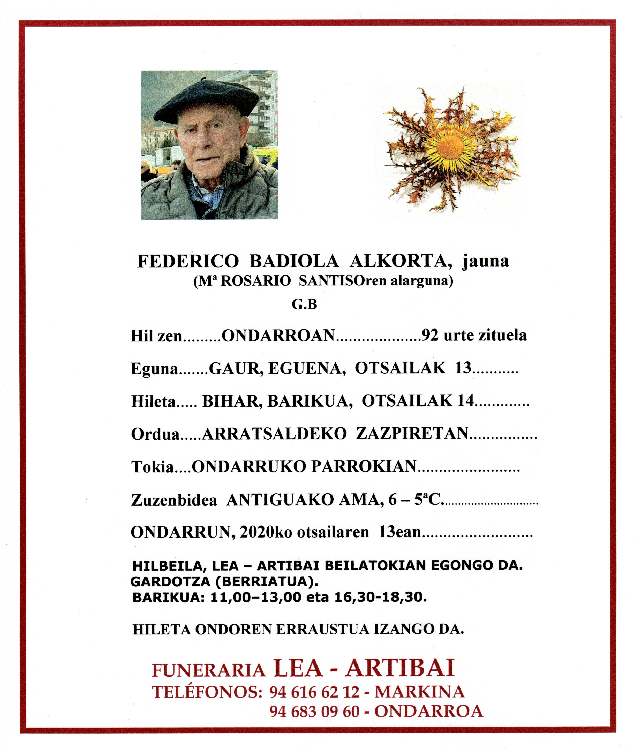 Esquela de Federico Badiola Alkorta