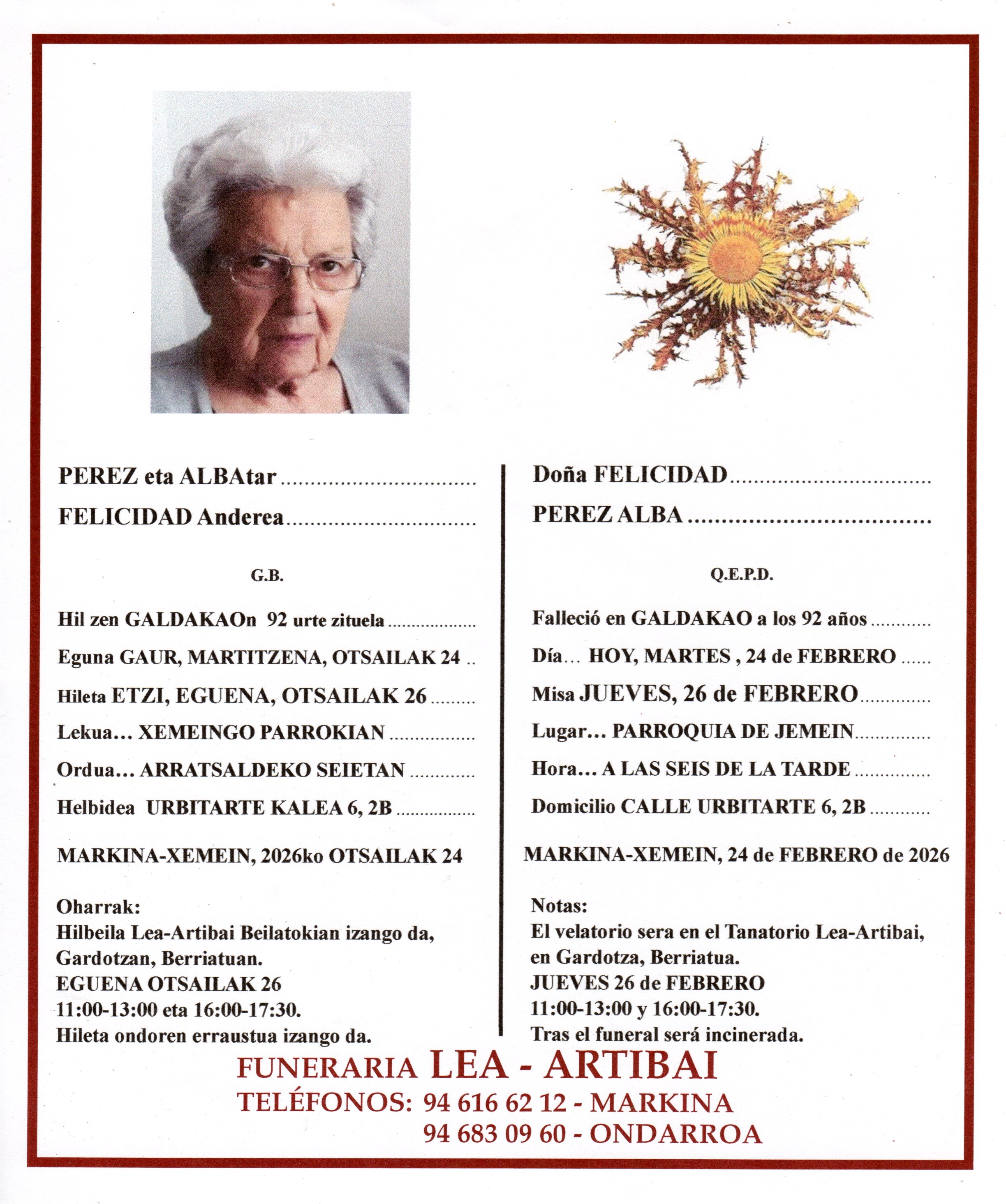 Esquela de Felicidad Pérez Alba