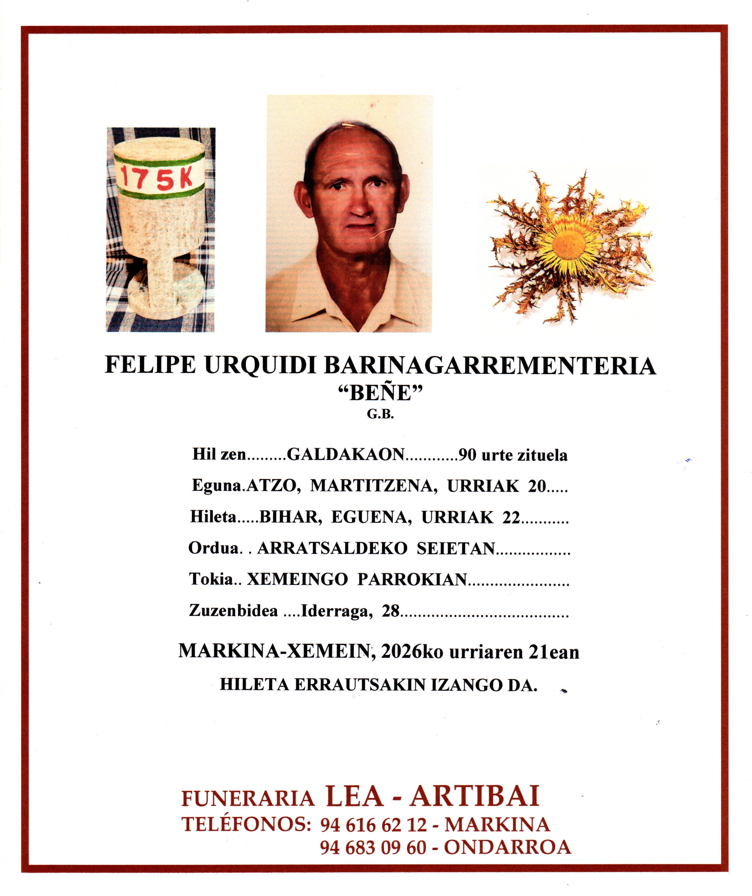 Esquela de Felipe Urquidi Barinagarrementeria
