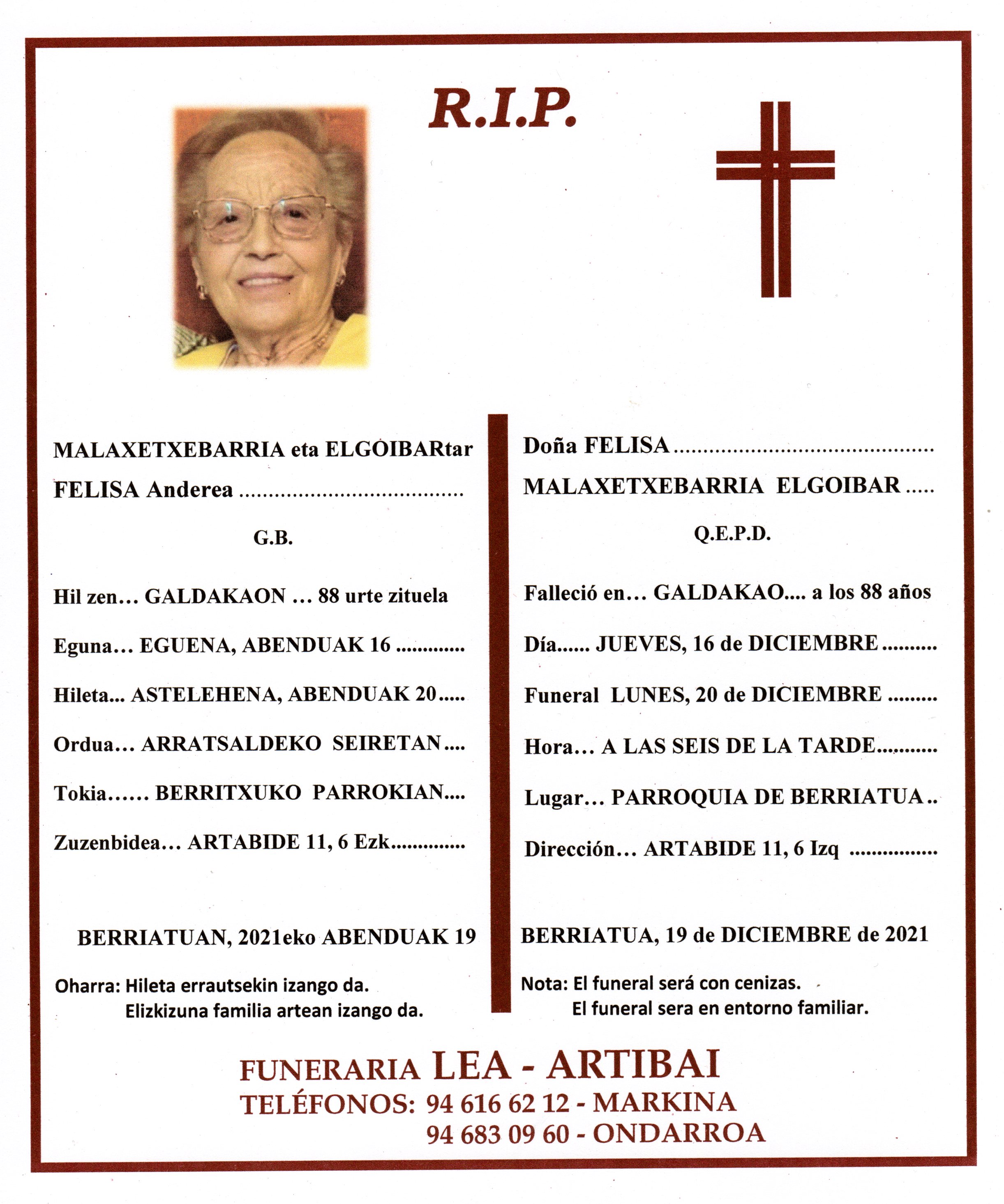 Esquela de Felisa Malaxetxebarria Elgoibar