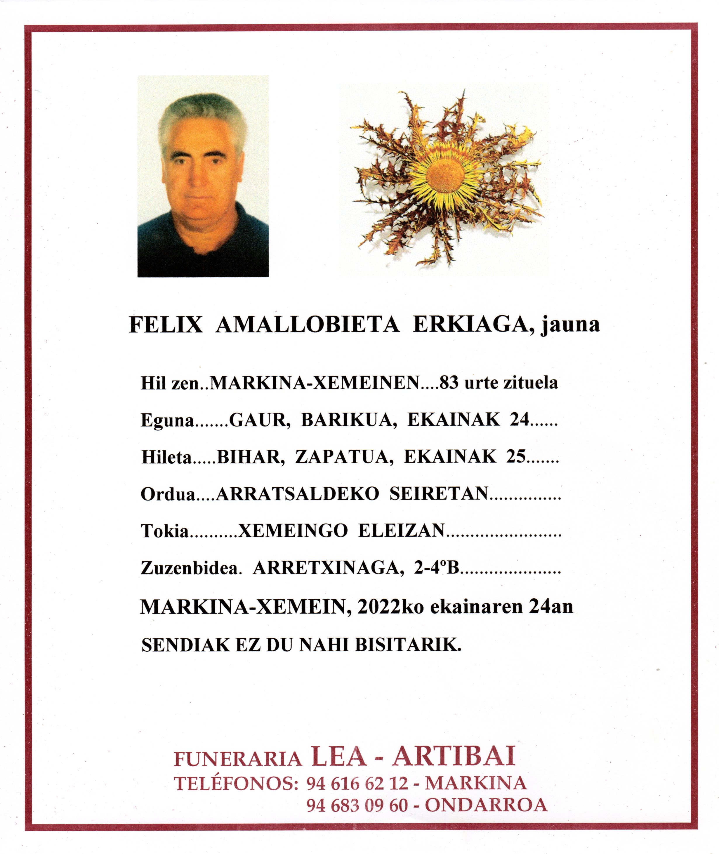 Esquela de Felix Amallobieta Erkiaga