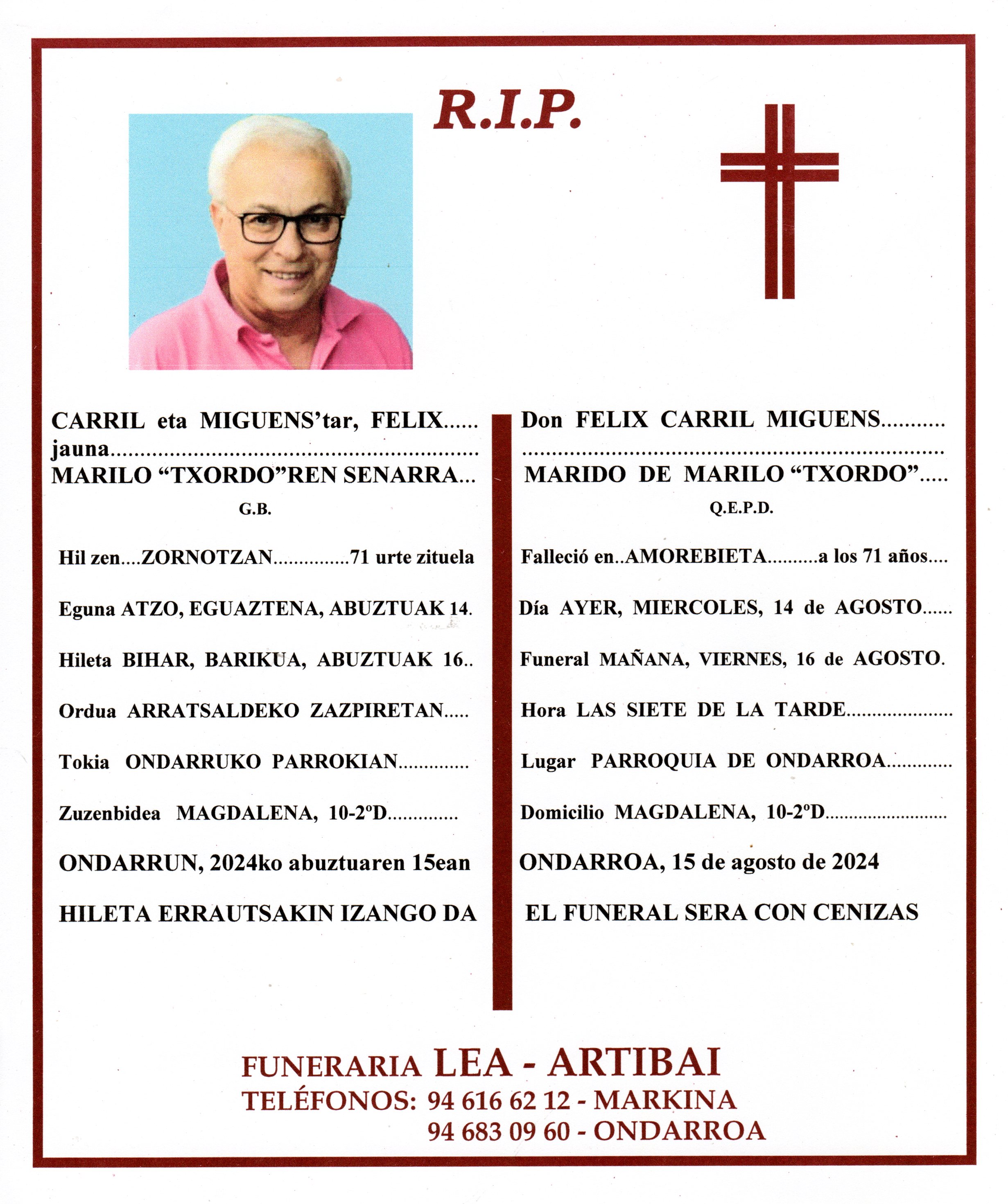 Esquela de Felix Carril Miguens