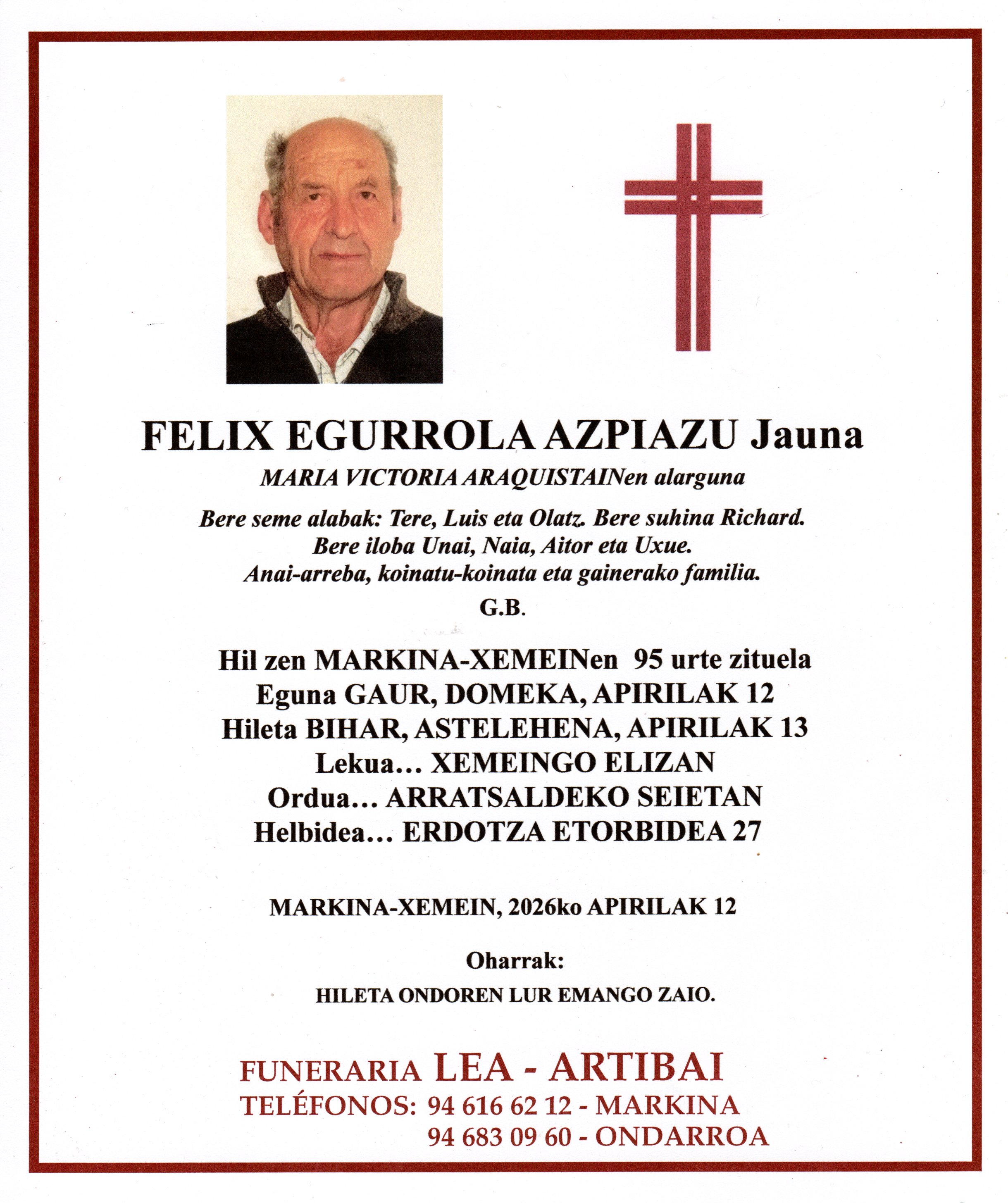 Esquela de Felix Egurrola Azpiazu