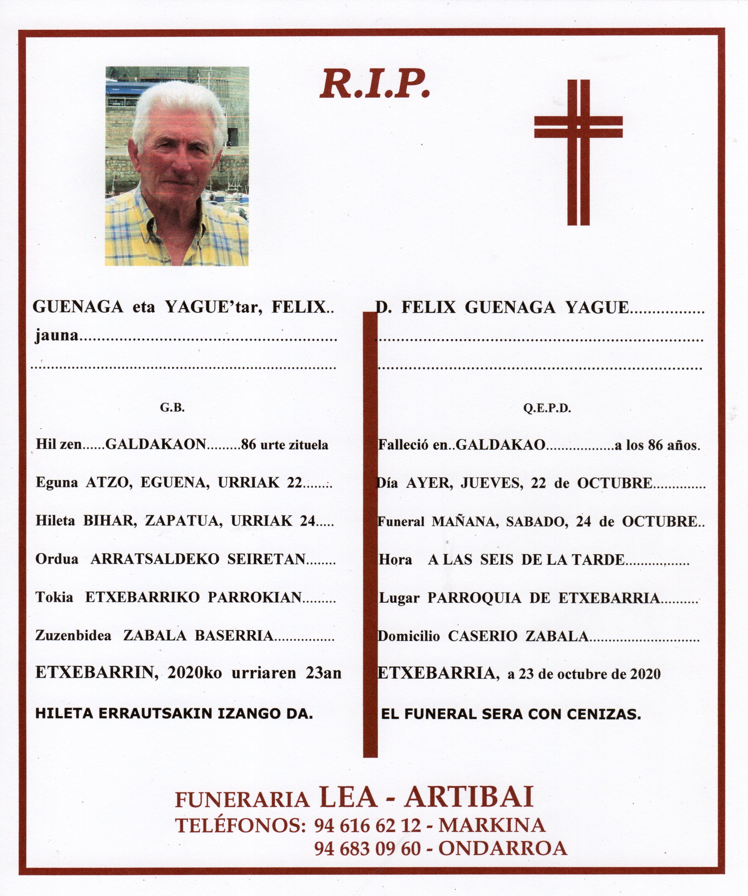 Esquela de Felix Guenaga Yague