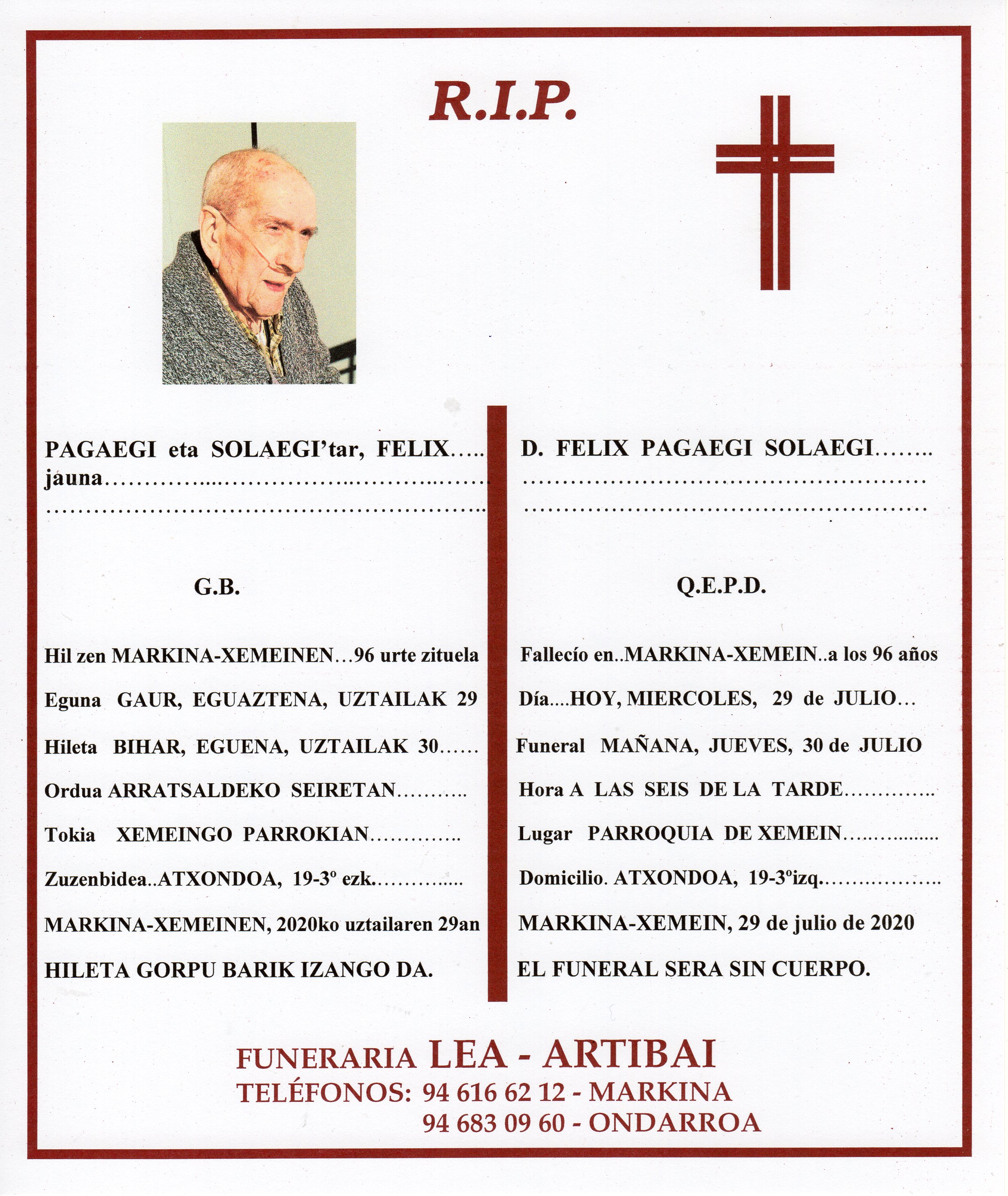 Esquela de Felix Pagaegi Solaegi