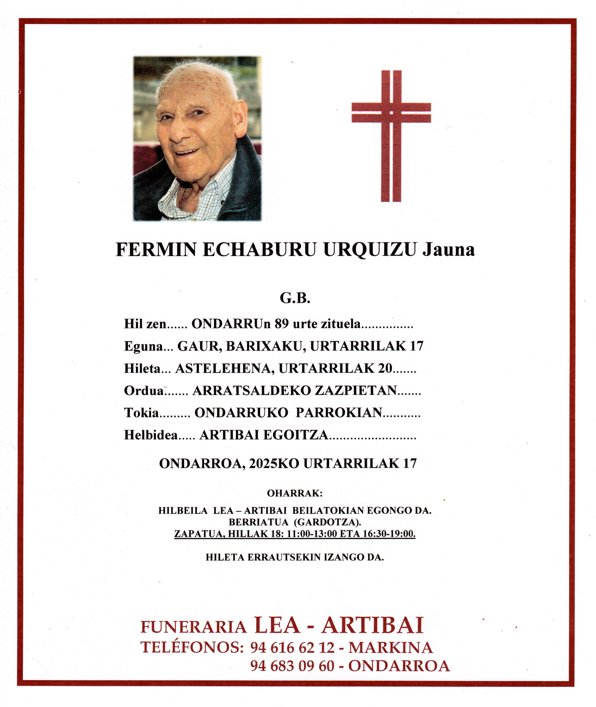 Esquela de Fermin Echaburu Urquizu