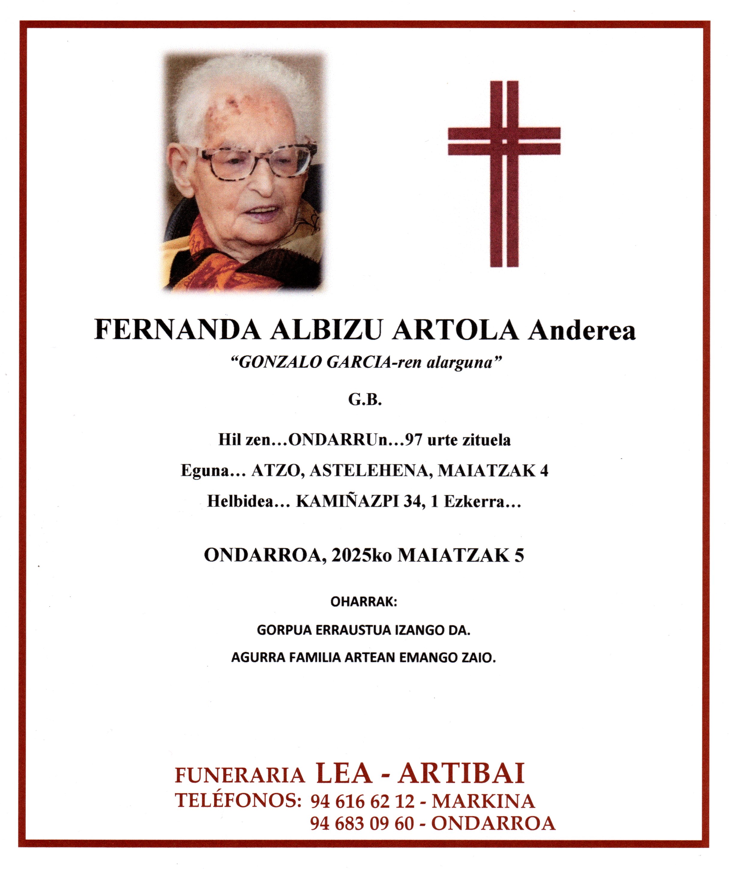 Esquela de Fernanda Albizu Artola