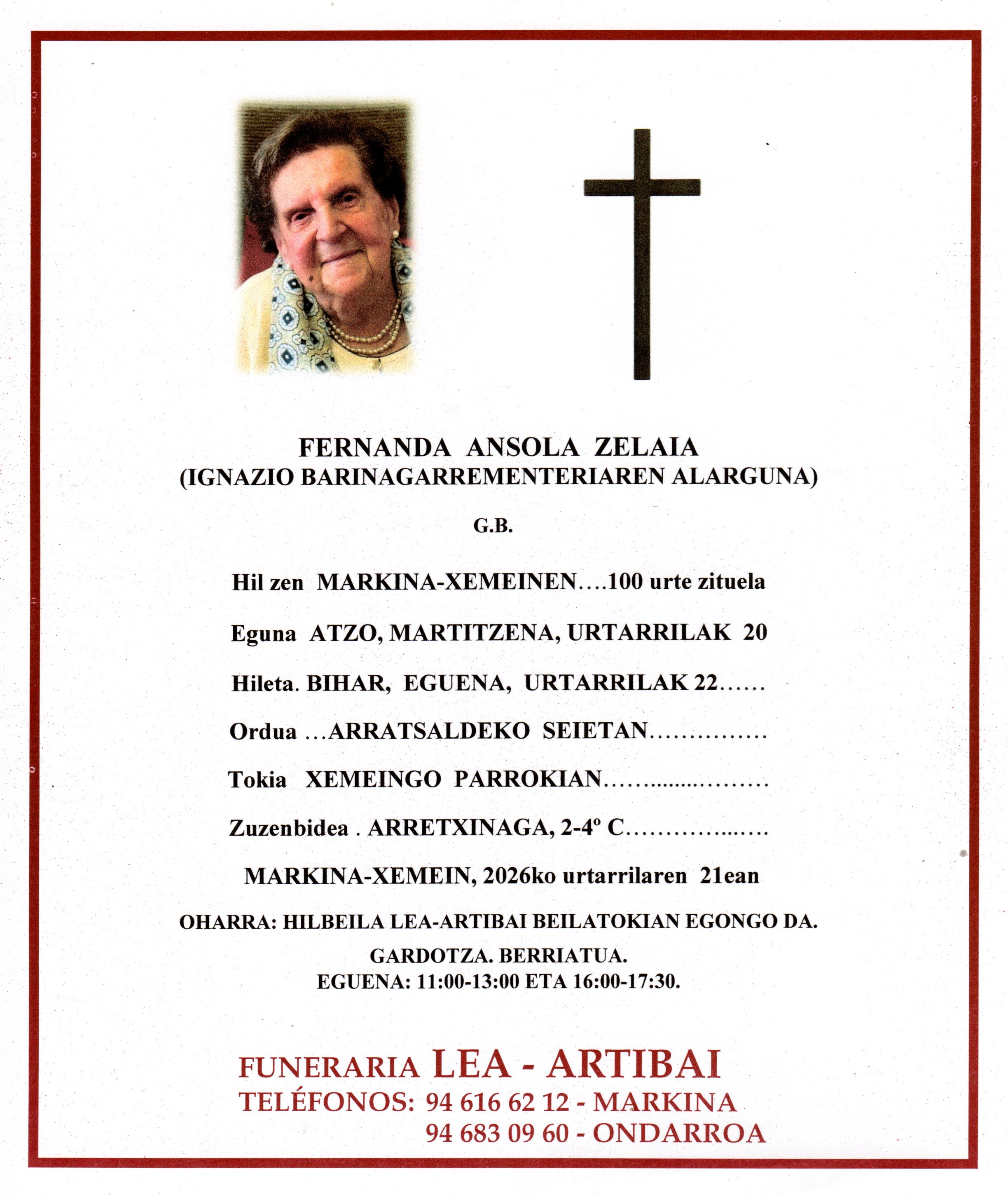 Esquela de Fernanda Ansola Zelaia
