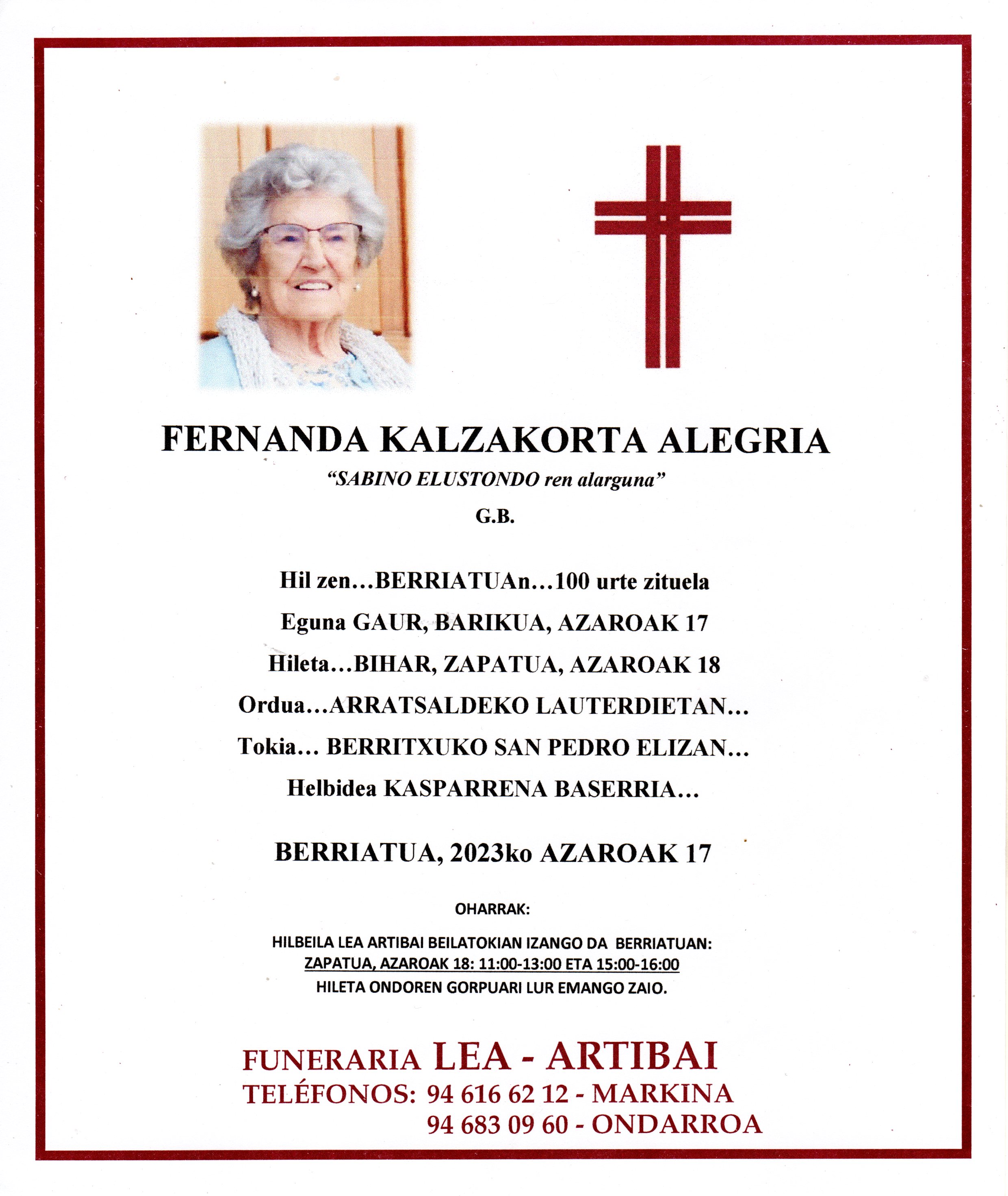 Esquela de Fernanda Kalzakorta Alegria