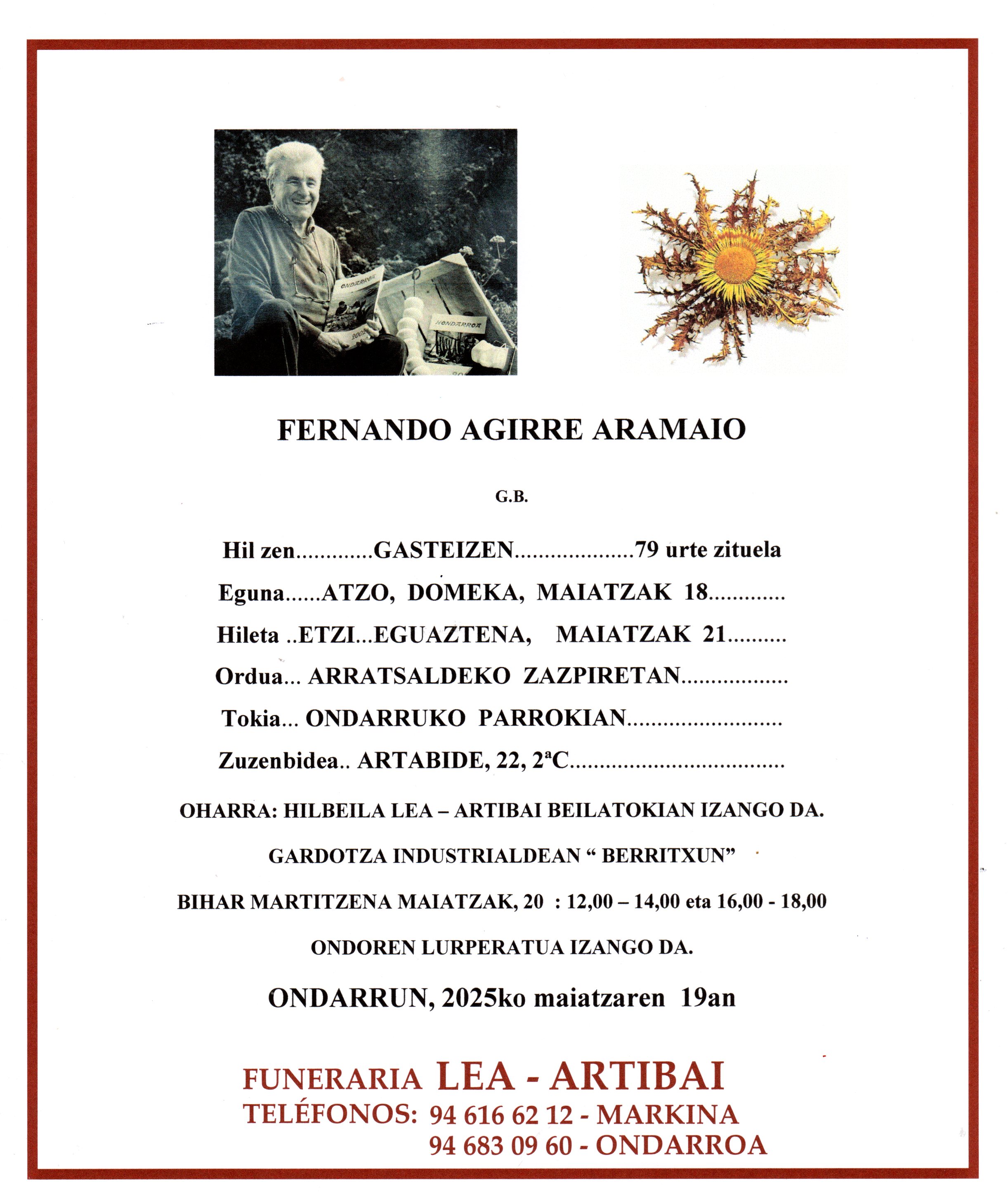 Esquela de Fernando Agirre Aramaio