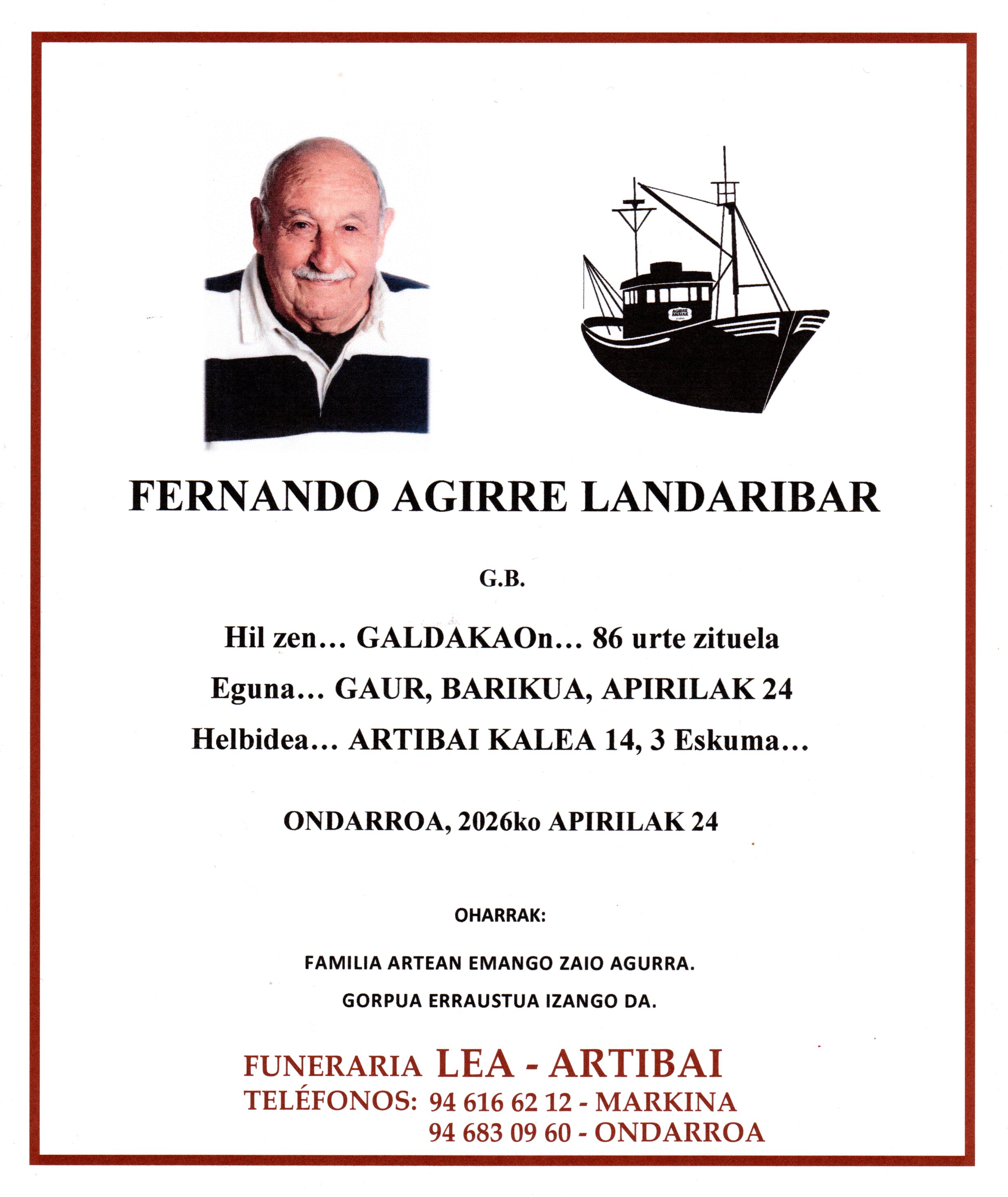 Esquela de Fernando Agirre Landaribar
