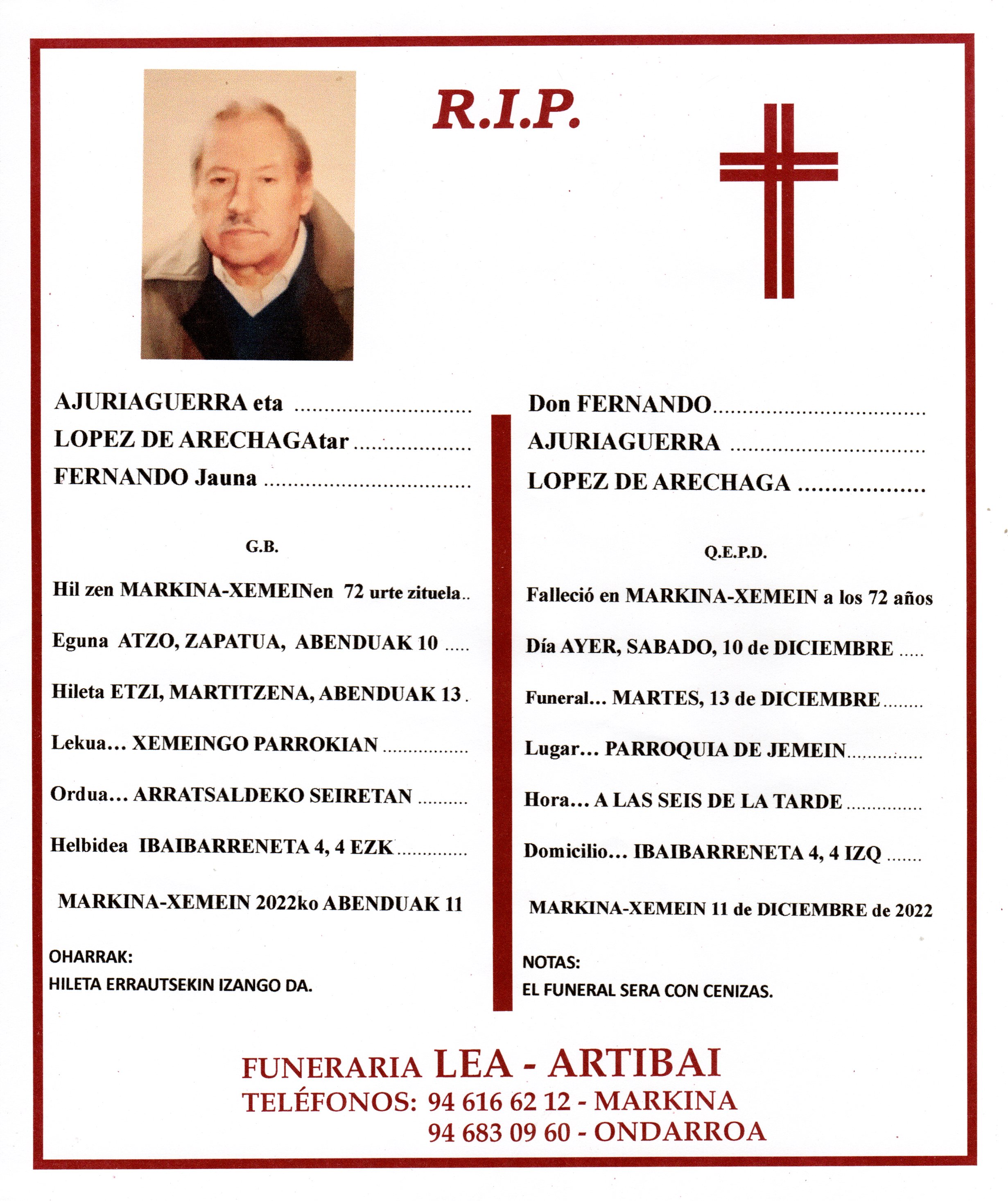 Esquela de Fernando Ajuriaguerra Lopez de Arechaga
