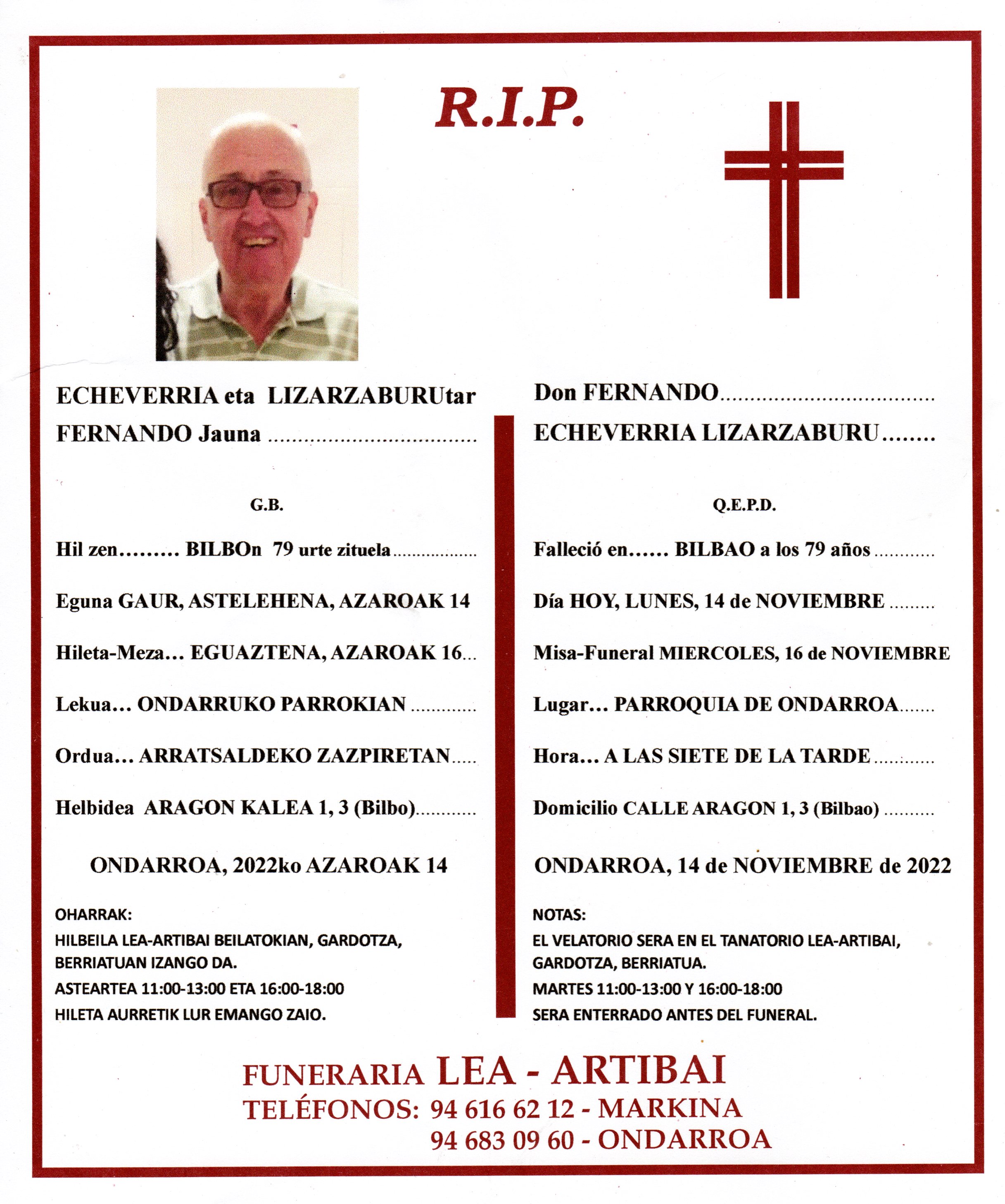Esquela de Fernando Echeverria Lizarzaburu