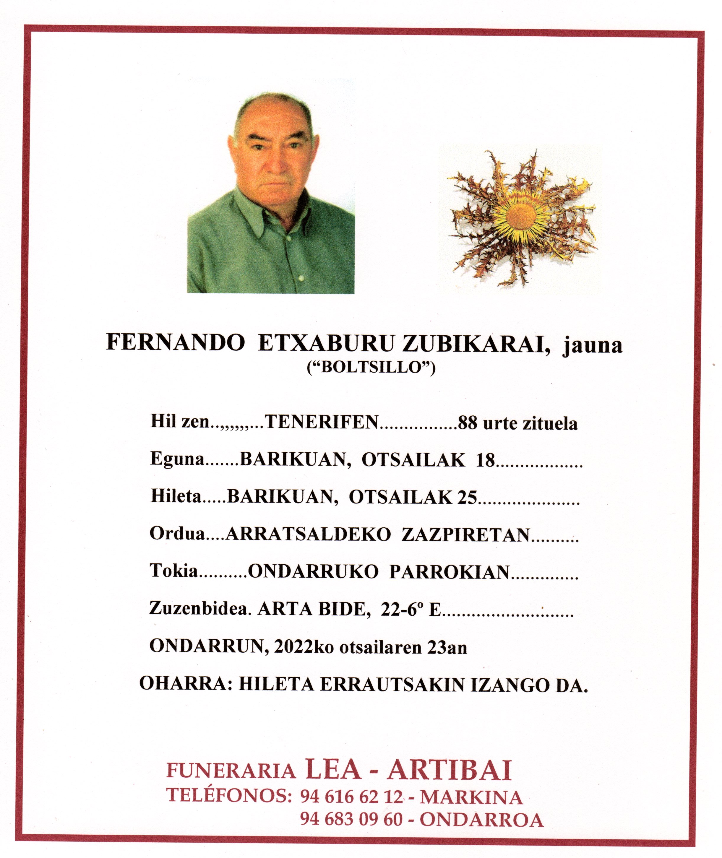 Esquela de Fernando Etxaburu Zubikarai