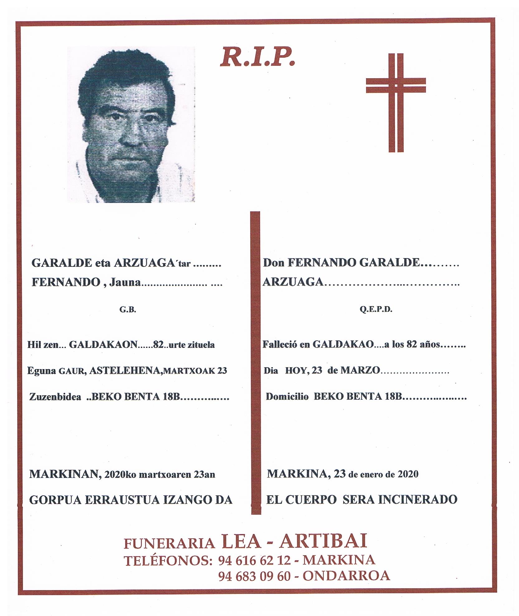 Esquela de Fernando Garalde Arzuaga