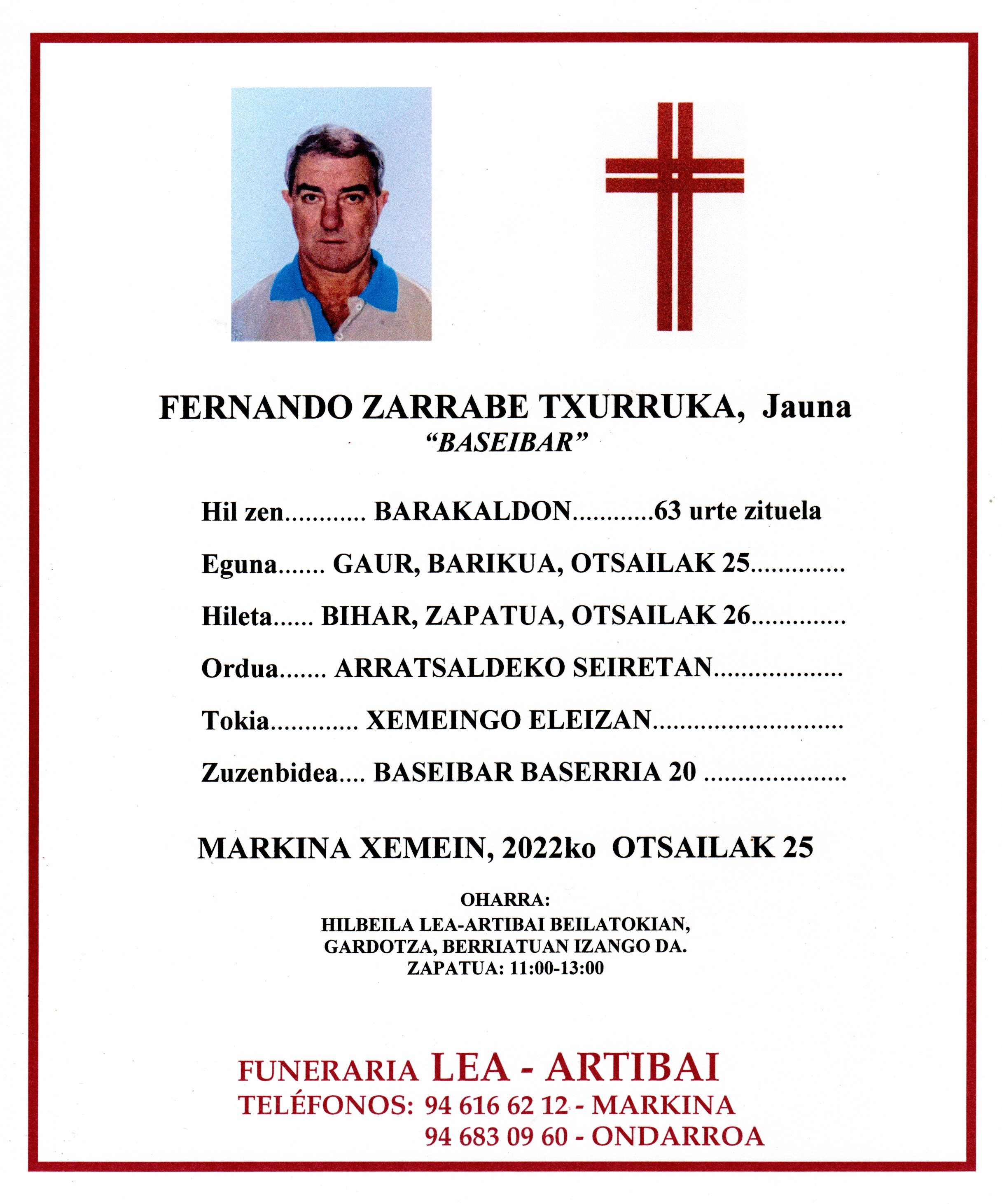 Esquela de Fernando Zarrabe Txurruka