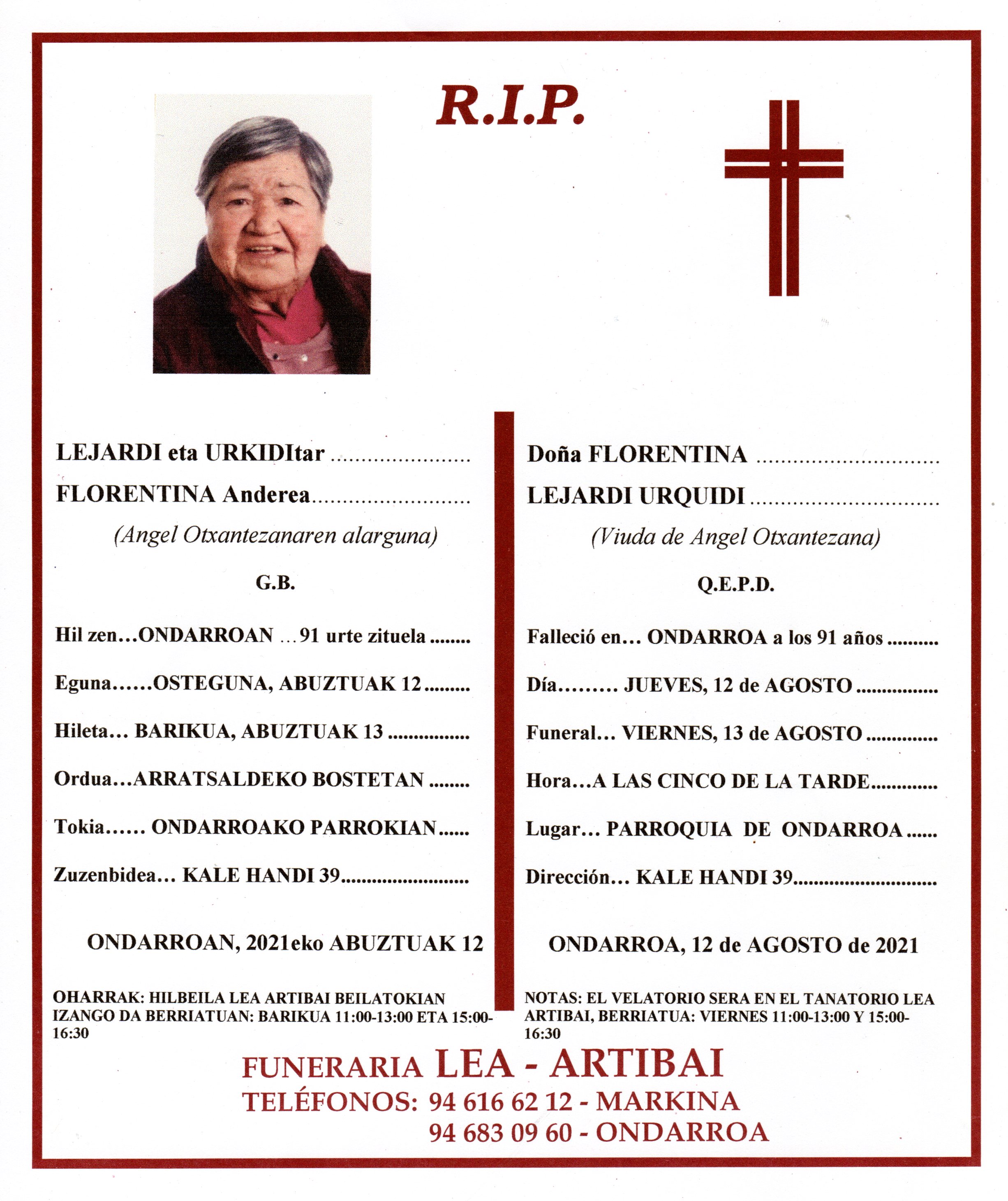 Esquela de Florentina Lejardi Urquidi