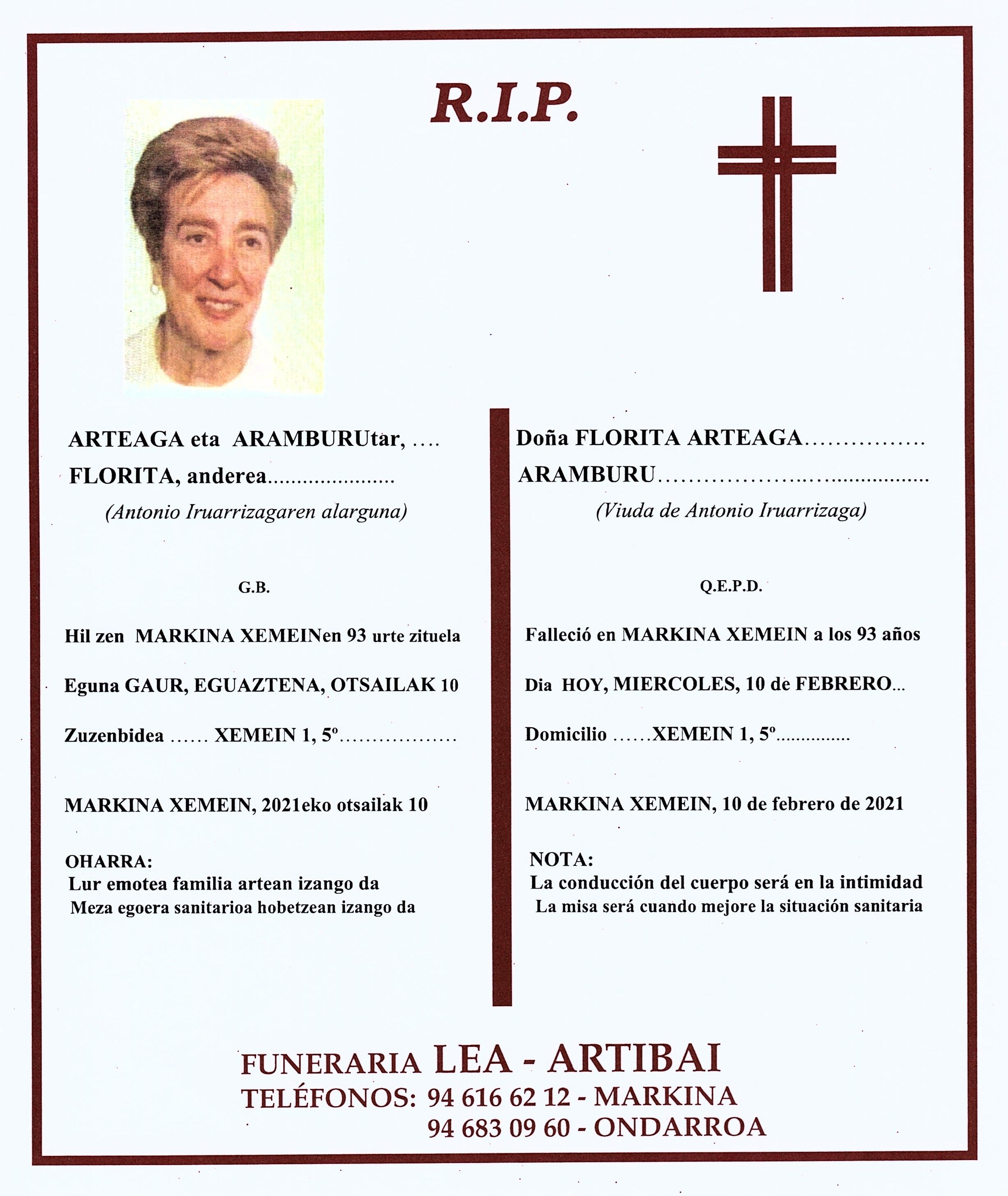 Esquela de Florita Arteaga Aramburu