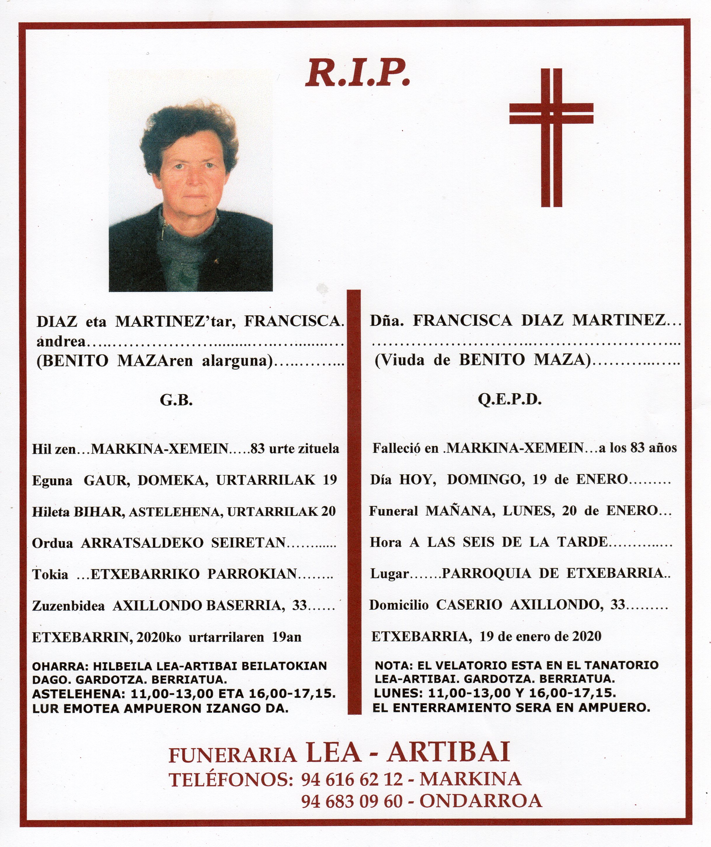 Esquela de Francisca Diaz Martinez