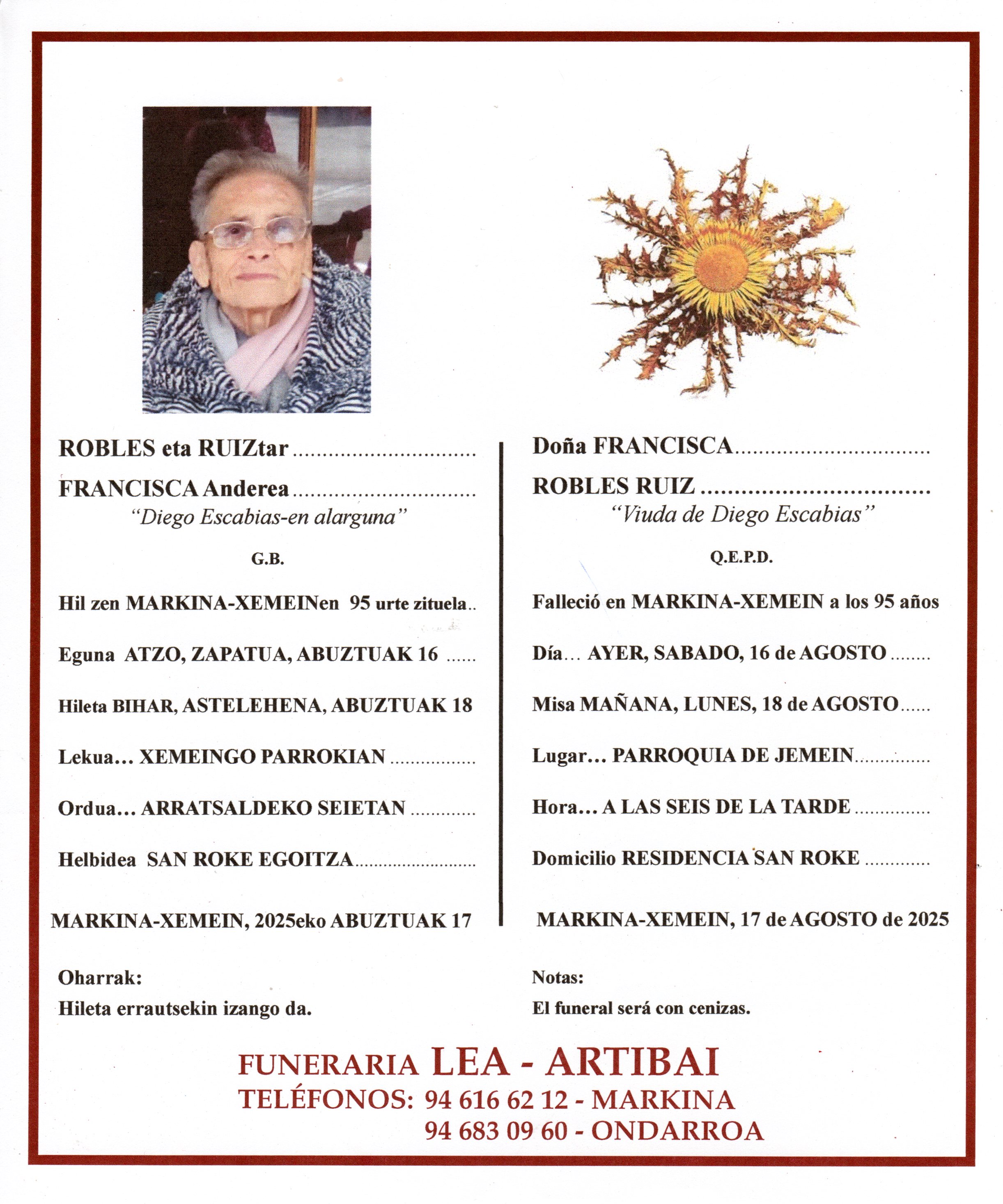 Esquela de Francisca Robles Ruiz