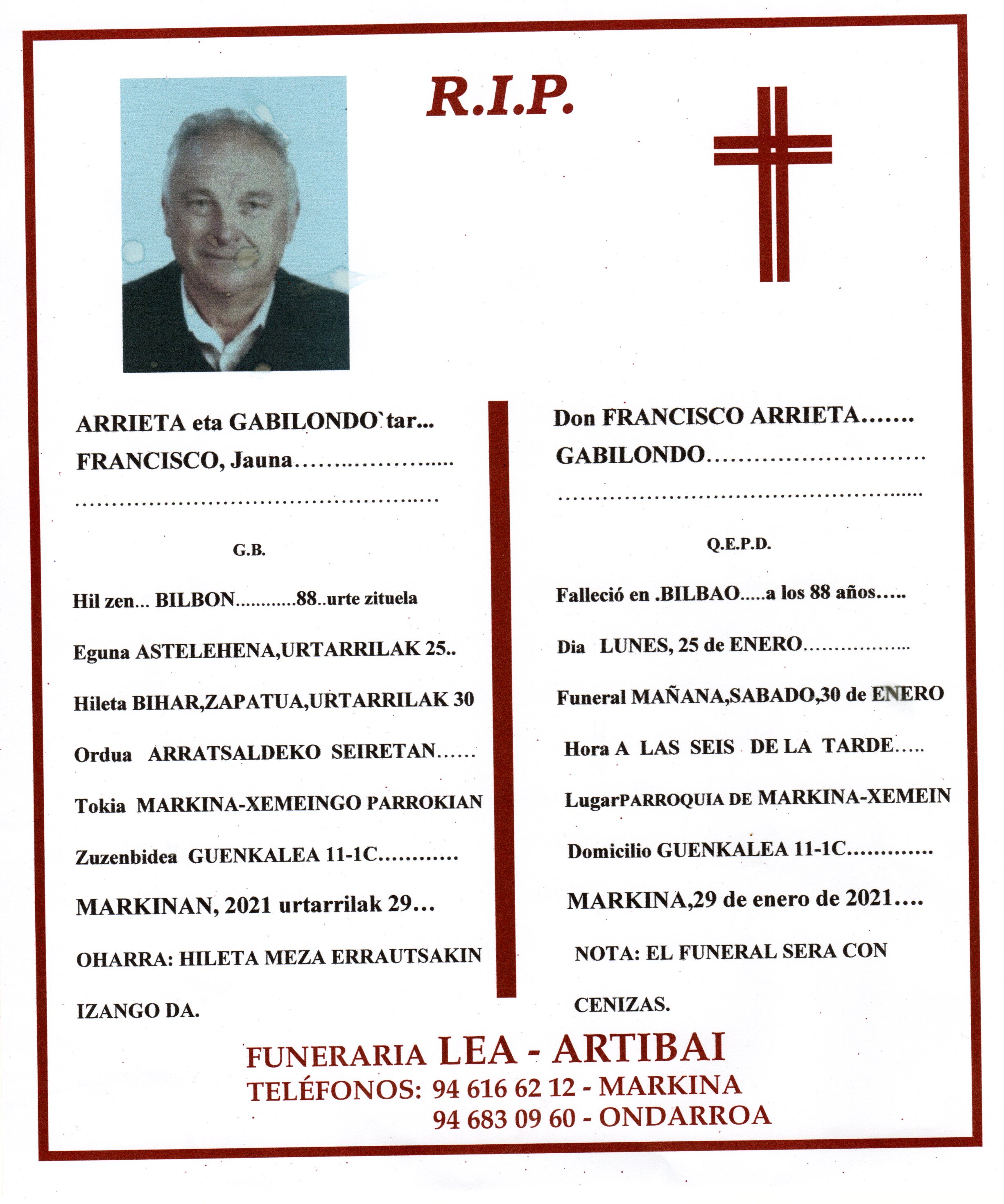 Esquela de Francisco Arrieta Gabilondo