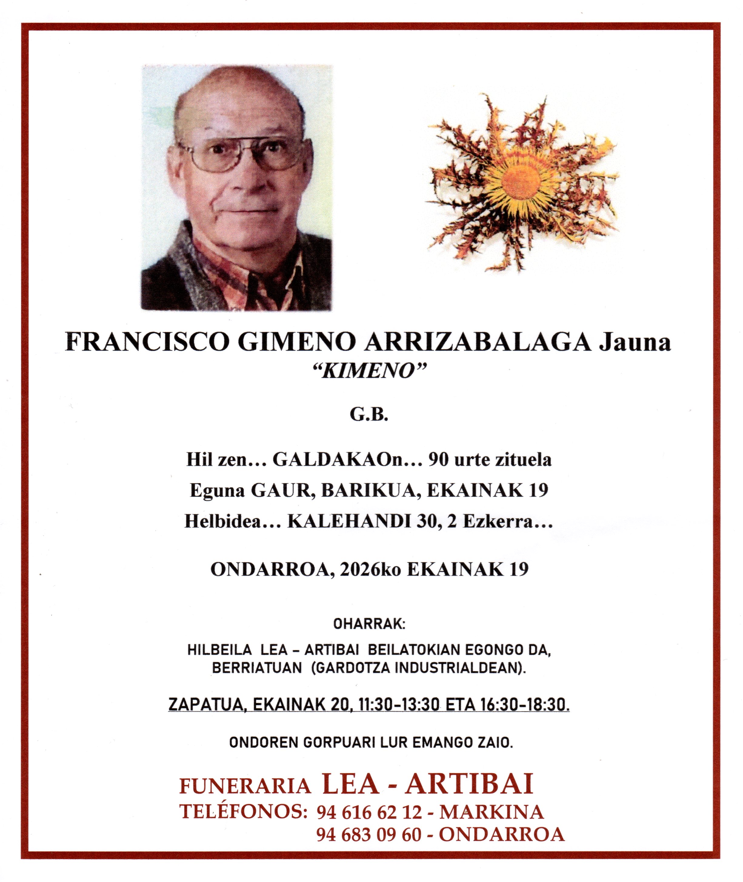 Esquela de Francisco Gimeno Arrizabalaga