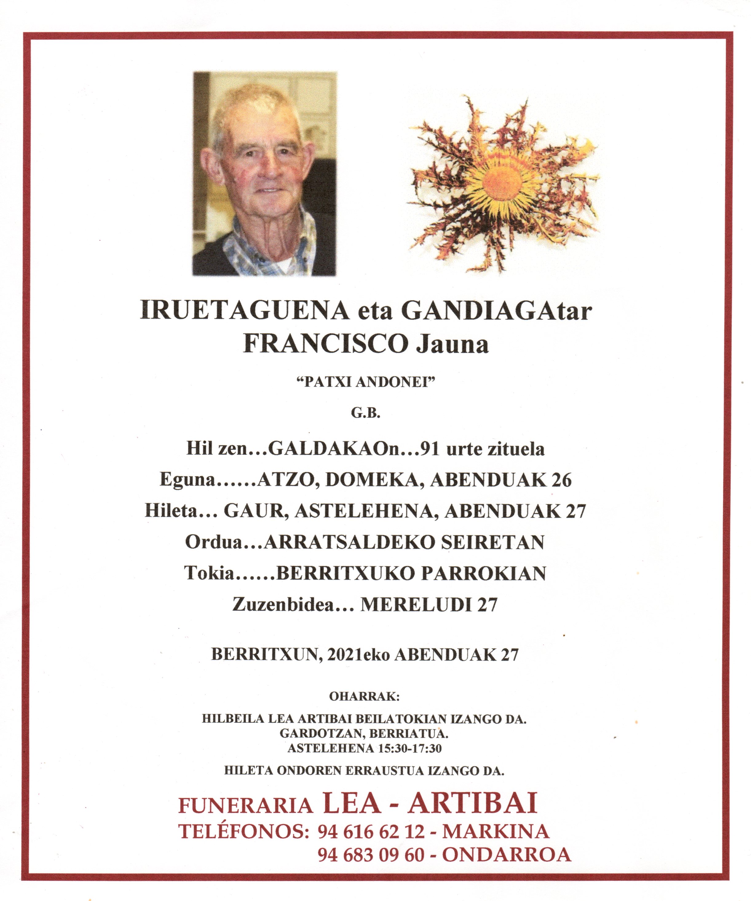 Esquela de Francisco Iruetaguena Gandiaga