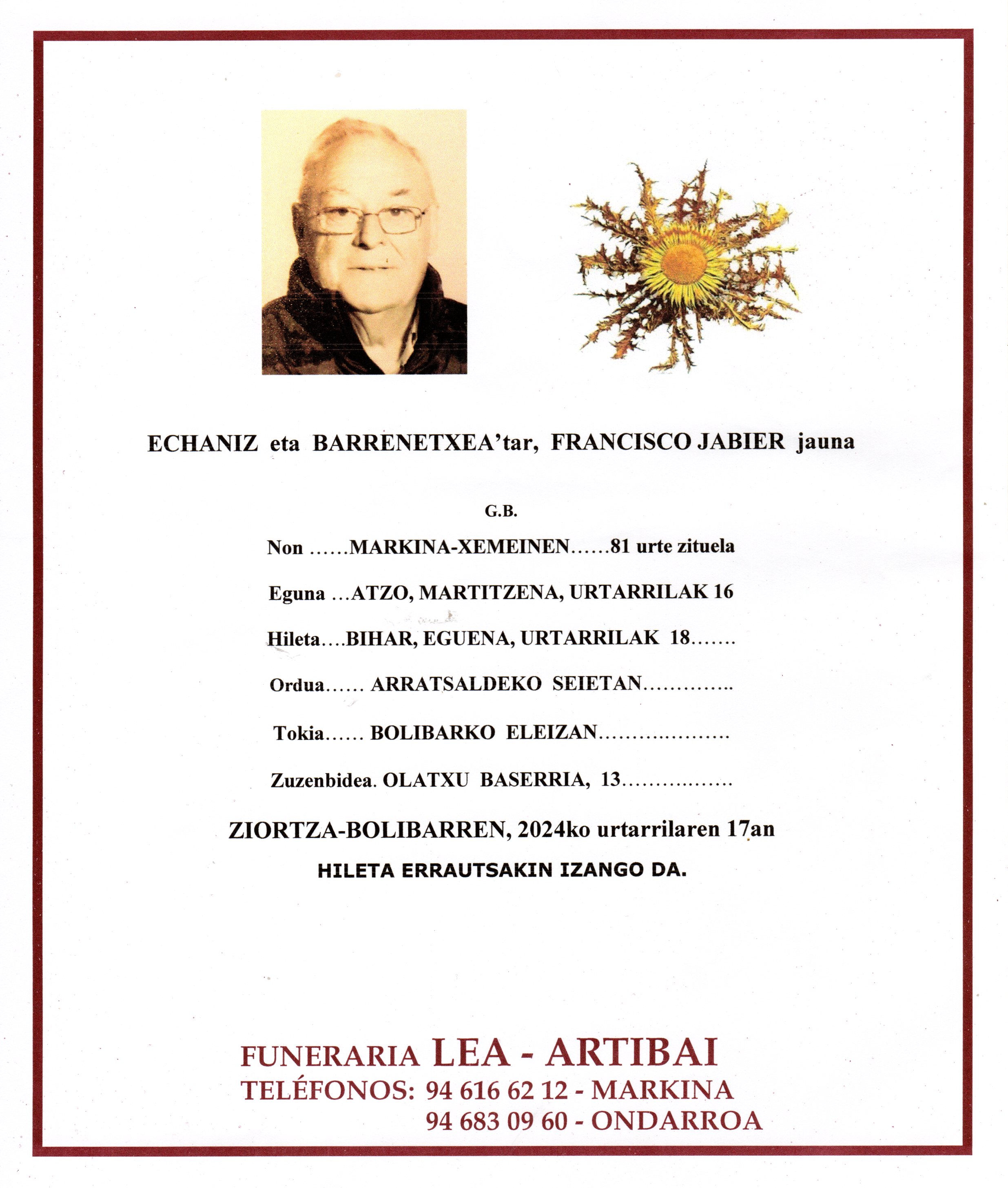 Esquela de Francisco Jabier Echaniz Barrenechea