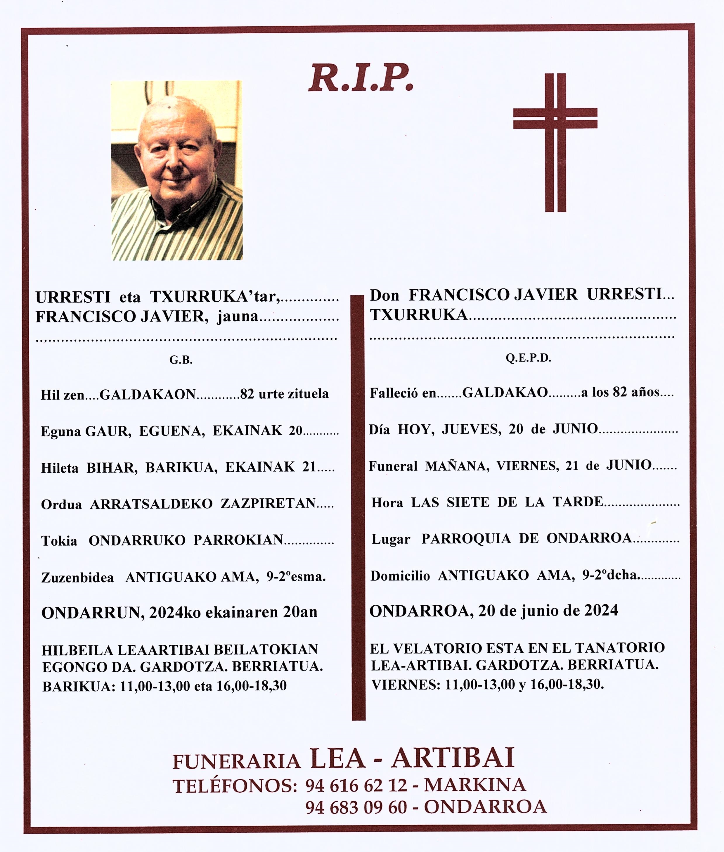 Esquela de Francisco Javier Urresti Txurruka