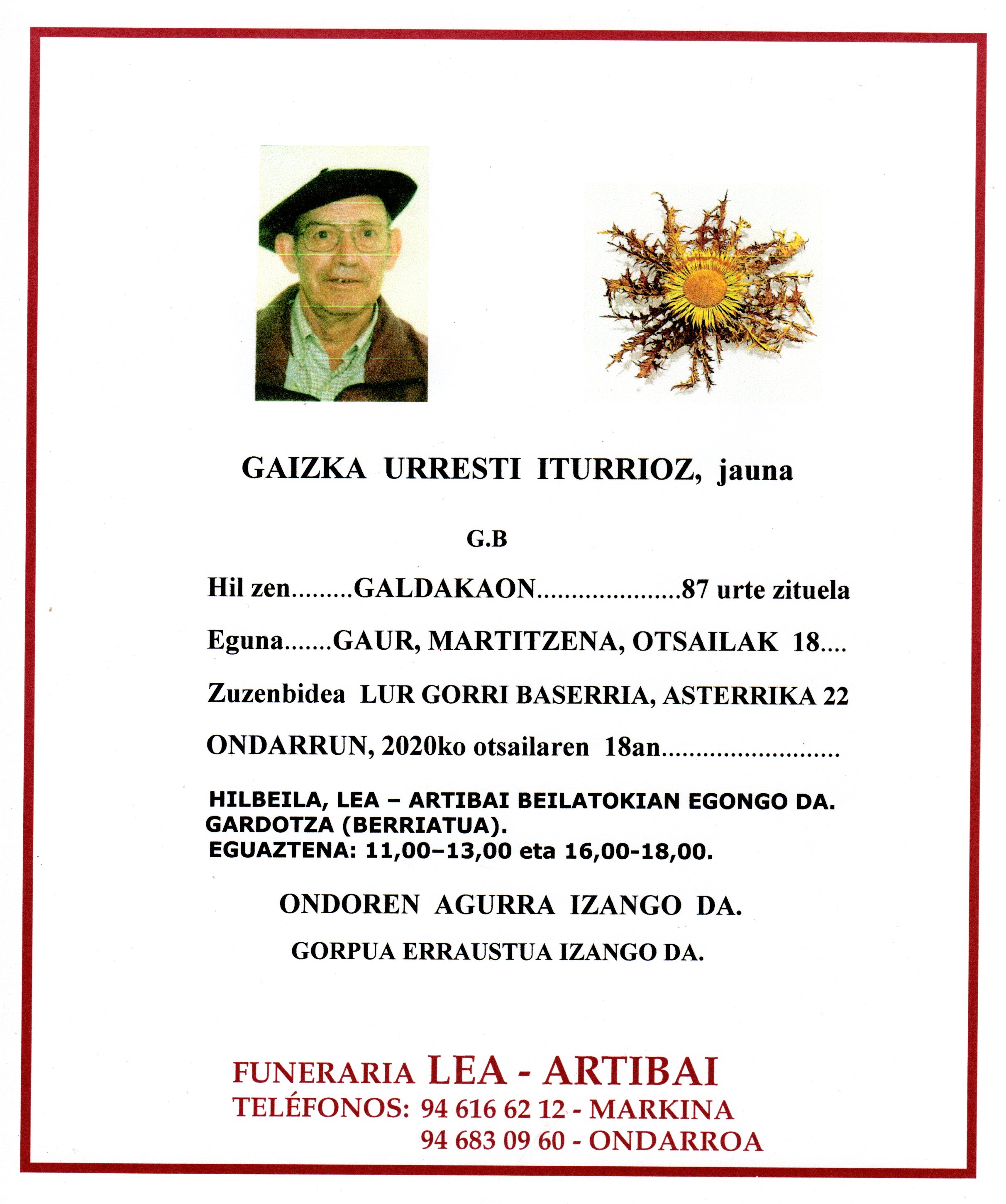 Esquela de Gaizka Urresti Iturriotz
