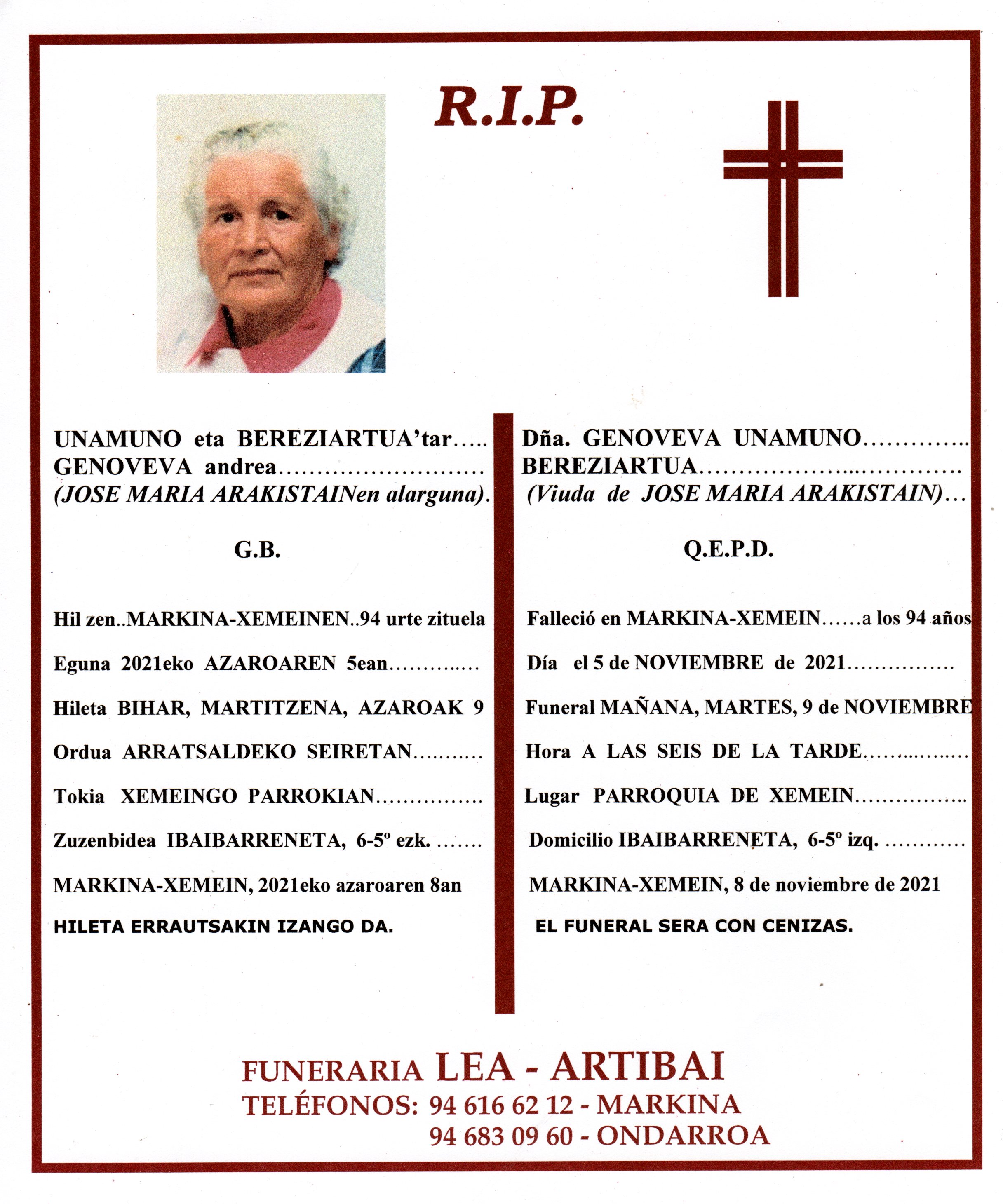 Esquela de Genoveva Unamuno Bereziartua