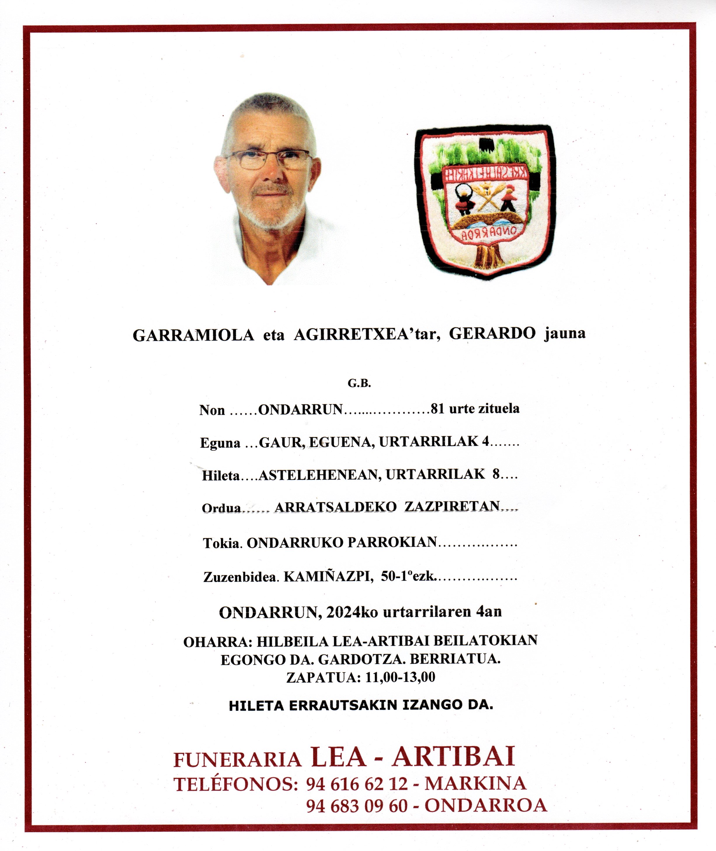 Esquela de Gerardo Garramiola Agirretxea